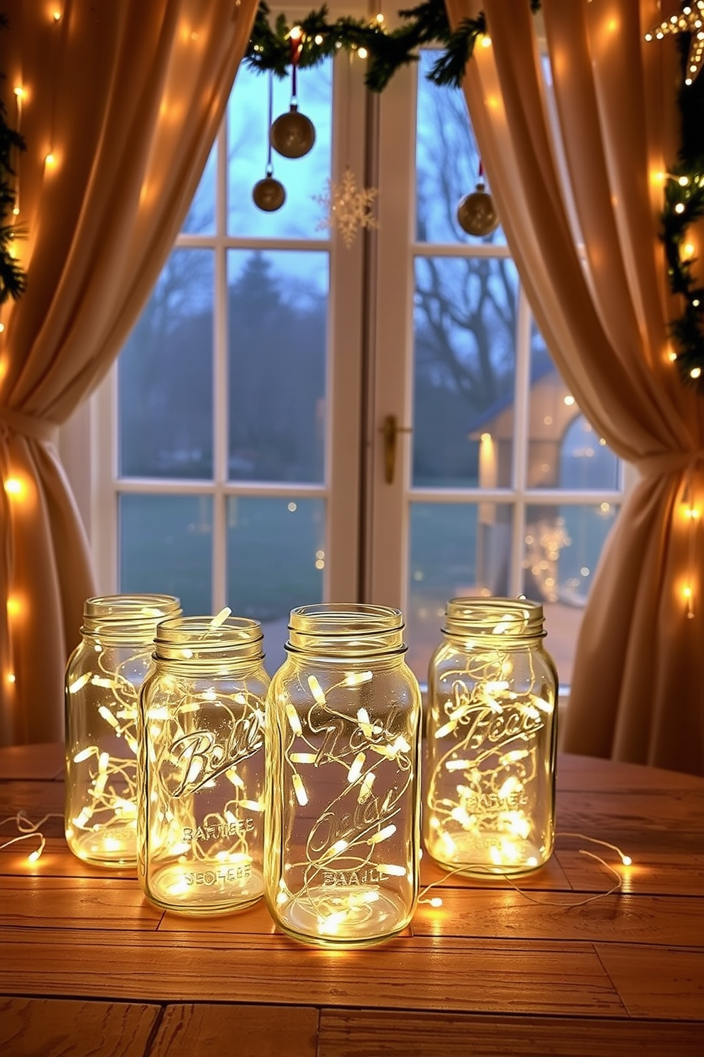 A cozy living room adorned with holly and ivy garlands drapes elegantly across the mantelpiece. The warm glow of candles flickers beside festive ornaments, creating a classic holiday ambiance. Large windows are beautifully decorated with sheer white curtains that frame the view. Twinkling fairy lights and delicate wreaths add a cheerful touch, inviting the spirit of Christmas indoors.