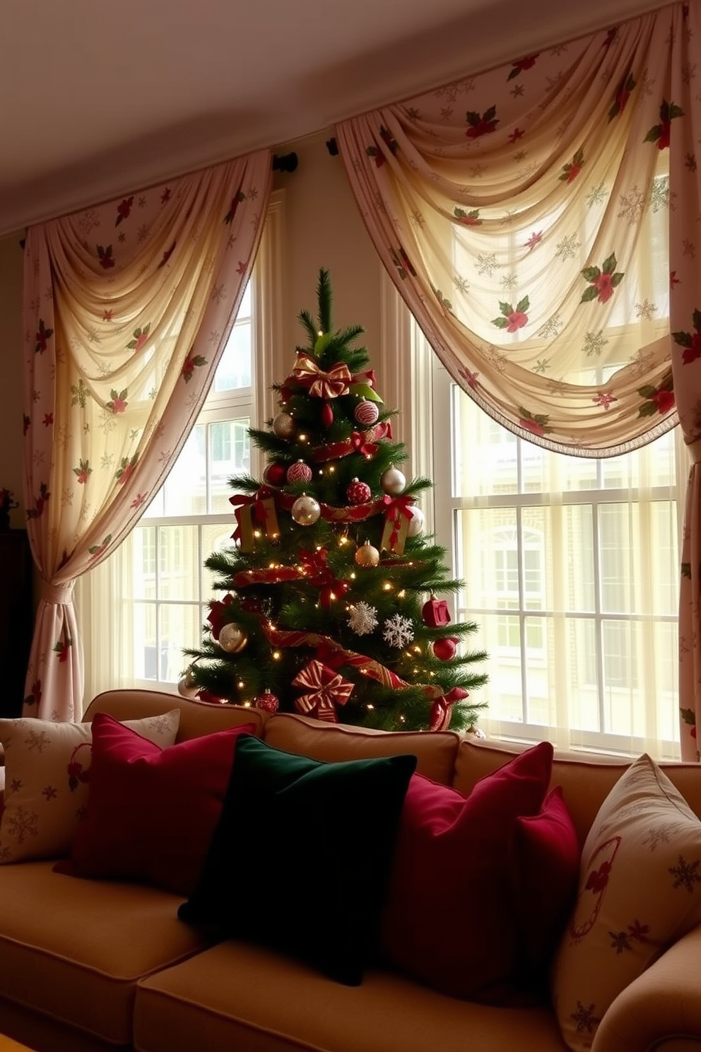 A cozy living room adorned with Christmas-themed fabric draped elegantly over the windows. The fabric features festive patterns of snowflakes and holly, creating a warm and inviting atmosphere. Soft, ambient lighting enhances the holiday spirit while a beautifully decorated Christmas tree stands in the corner. Plush throw pillows in rich reds and greens complement the seasonal decor, inviting relaxation and celebration.