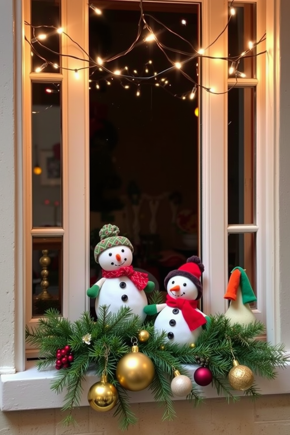 A cozy window sill adorned with cheerful snowman decorations creates a festive atmosphere. The snowmen, crafted from soft fabric and embellished with colorful scarves and hats, add a playful touch to the holiday decor. Delicate string lights twinkle above the window, enhancing the Christmas spirit. Fresh pine branches and ornaments surround the snowmen, completing the charming holiday display.