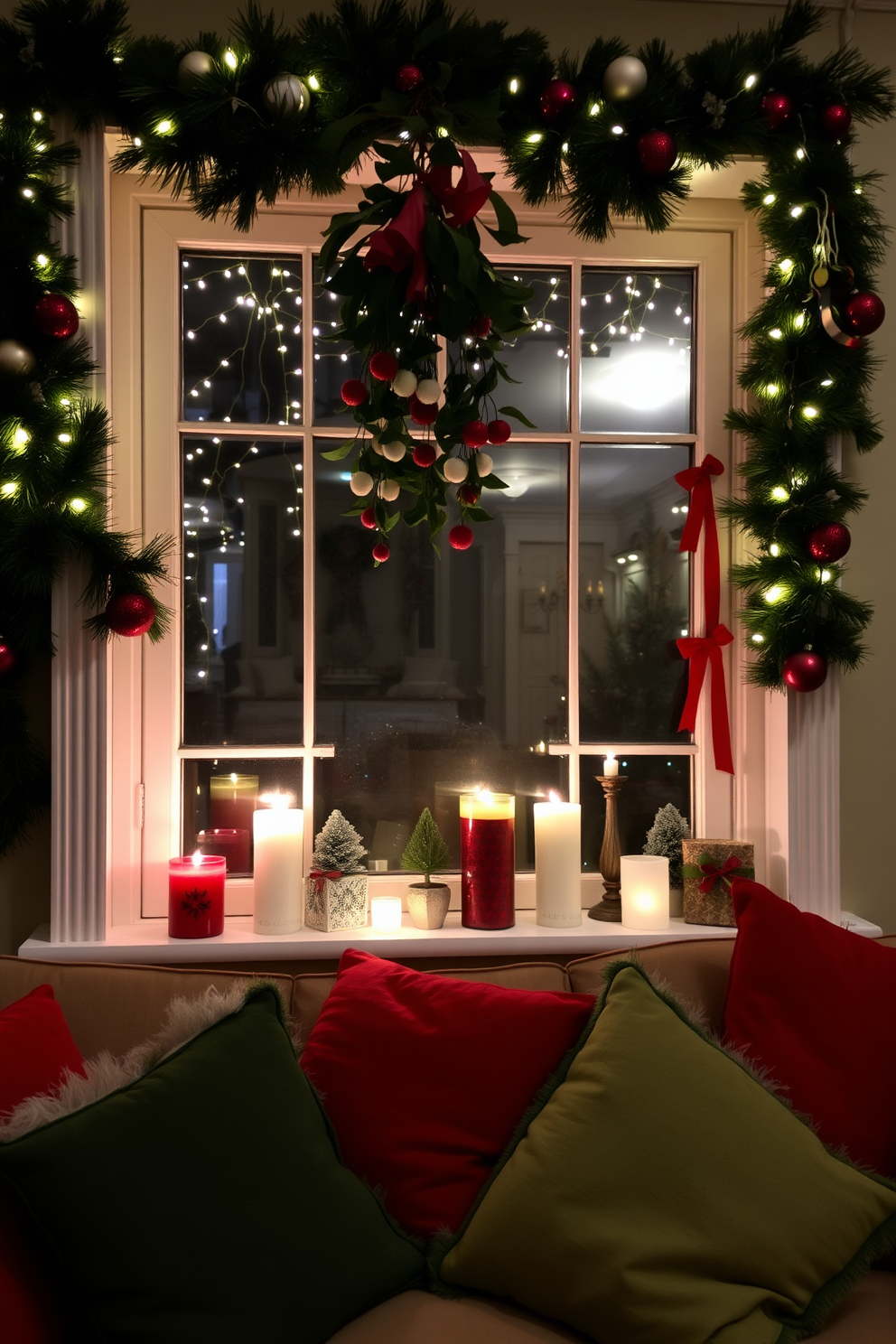 A cozy living room adorned for the holidays. A beautifully decorated window features a fresh mistletoe hanging above, surrounded by twinkling fairy lights and festive garlands. The window sill is lined with seasonal ornaments and candles, creating a warm and inviting atmosphere. Plush cushions in red and green hues are scattered across the sofa, enhancing the festive spirit of the room.