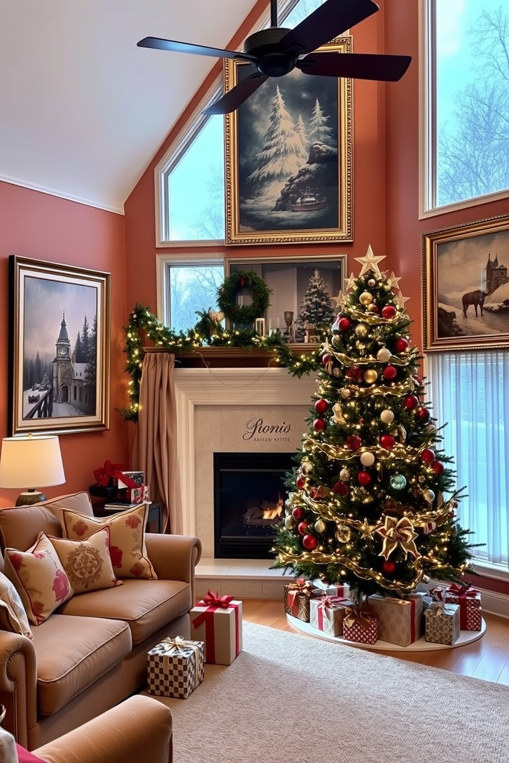 A cozy living room adorned for the holidays features jingle bells attached to elegant curtain ties. The curtains are a rich red velvet that complement the festive decor, creating a warm and inviting atmosphere. The room is illuminated by soft, twinkling fairy lights draped along the mantle. A beautifully decorated Christmas tree stands in the corner, surrounded by wrapped gifts and holiday cheer.