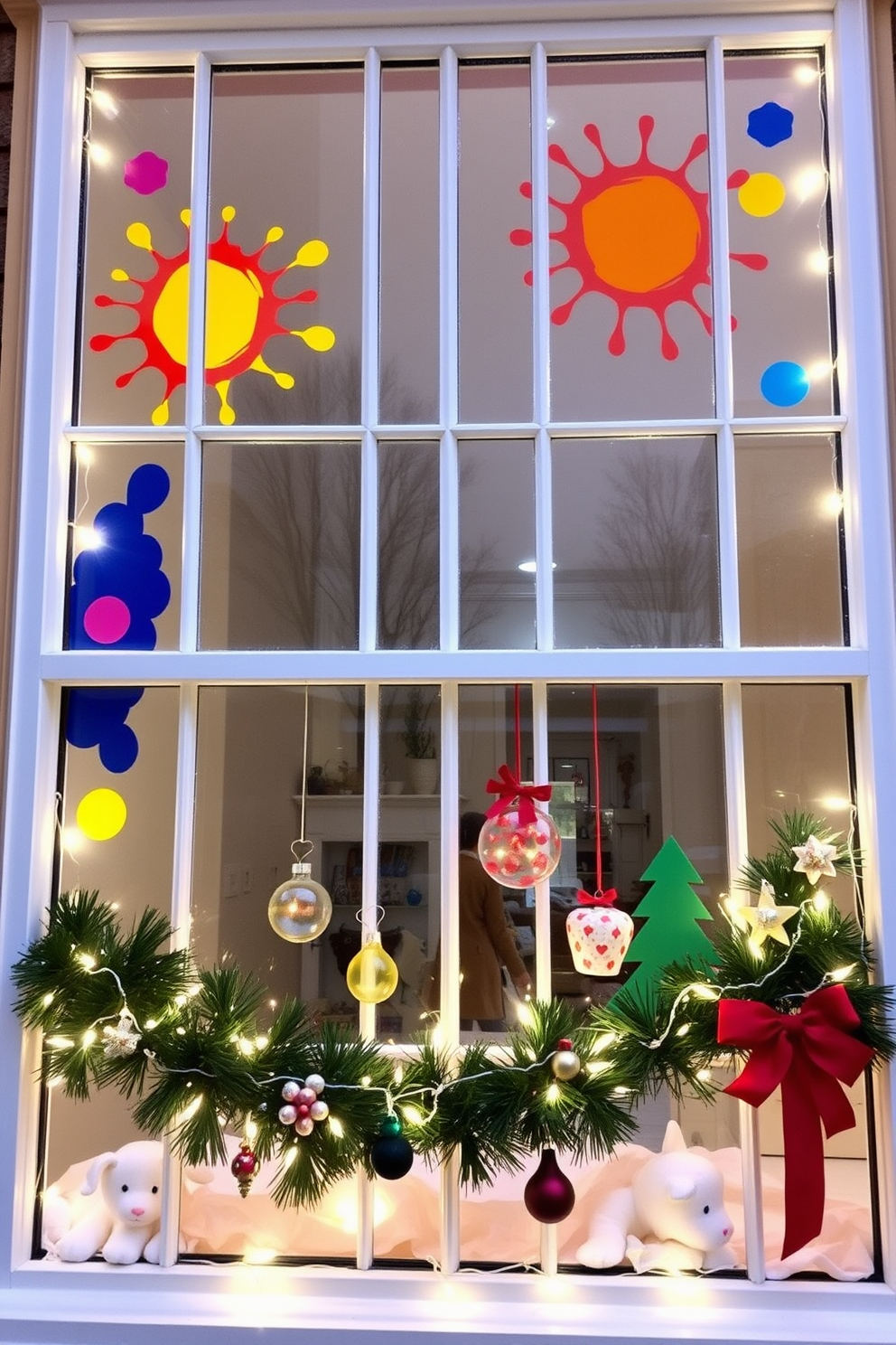 A playful and colorful window design for kids featuring bright paint splashes and fun shapes. The window frames are adorned with whimsical patterns that spark creativity and joy. Festive window decorations for Christmas showcasing a blend of traditional and modern elements. Twinkling fairy lights outline the window, while handcrafted ornaments and garlands add a cheerful holiday touch.