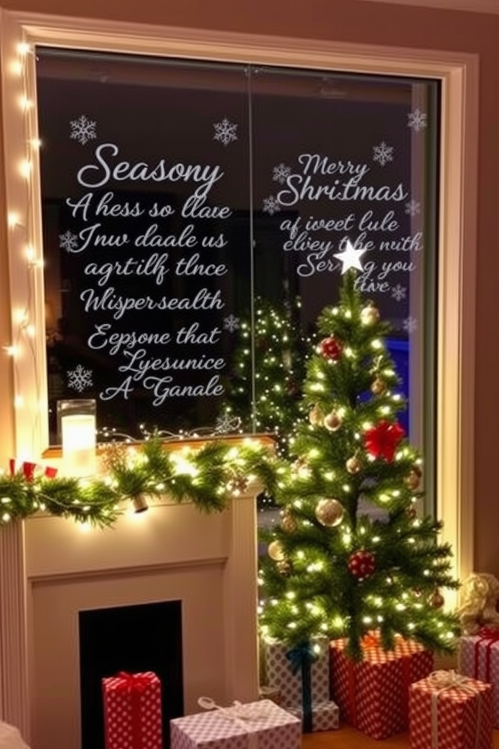 Seasonal quotes elegantly etched on window glass create a warm and inviting atmosphere. The quotes are complemented by delicate snowflake designs that enhance the winter theme. For Christmas decorating ideas, envision a cozy living room adorned with twinkling fairy lights draped over the mantel. A beautifully decorated tree stands in the corner, surrounded by thoughtfully arranged gifts wrapped in festive paper.