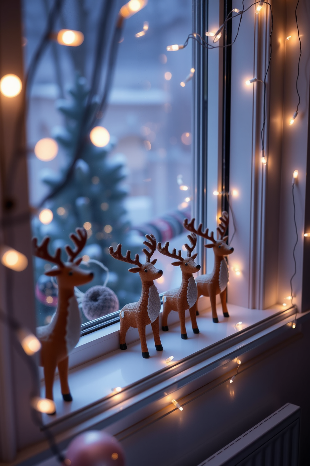 A cozy window sill adorned with charming reindeer figurines, each uniquely designed to capture the essence of the holiday spirit. Soft, twinkling fairy lights frame the window, enhancing the festive atmosphere and inviting warmth into the room.