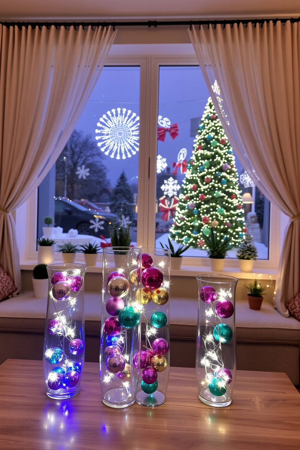 A cozy living room adorned with glass vases filled with colorful ornaments and twinkling lights. The vases are strategically placed on a wooden coffee table, creating a festive atmosphere that enhances the holiday spirit. Large windows are draped with elegant sheer curtains, allowing natural light to filter through while showcasing the beautiful Christmas decorations outside. The window sills are lined with small potted plants and additional festive accents, adding charm to the overall decor.