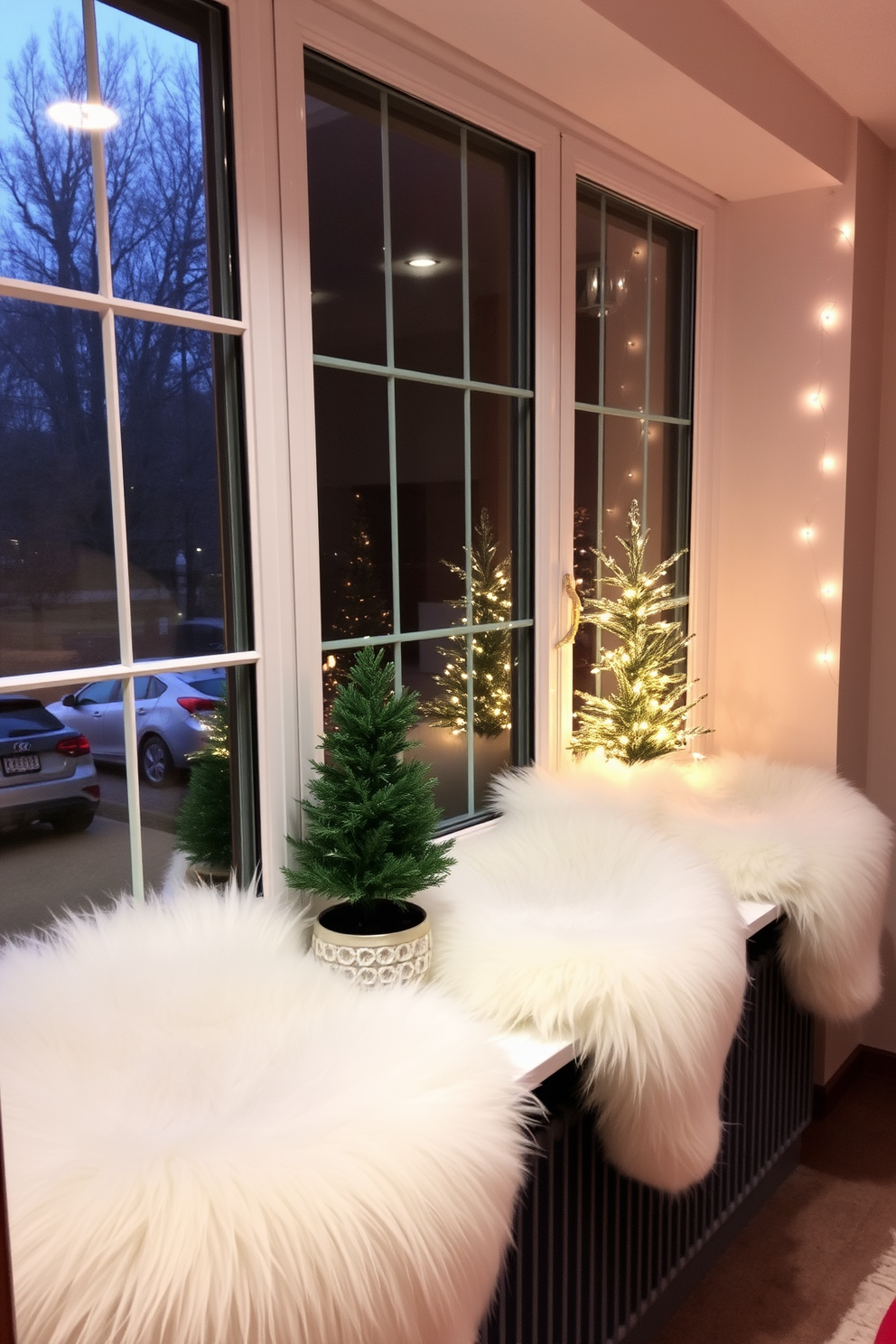 A cozy window nook adorned with faux fur throws draped elegantly across the sill. The scene is enhanced by festive Christmas decorations, including twinkling fairy lights and a small evergreen tree in a decorative pot.