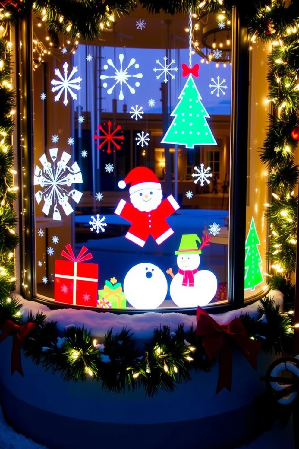 Decorative lanterns with candles inside are placed on a rustic wooden table, casting a warm and inviting glow throughout the room. String lights are draped around the windows, enhancing the festive atmosphere and complementing the seasonal decor. The windows are adorned with lush green garlands and twinkling fairy lights, creating a cozy and cheerful holiday vibe. Snowflake-shaped ornaments hang delicately from the window frames, adding a whimsical touch to the Christmas decorating theme.