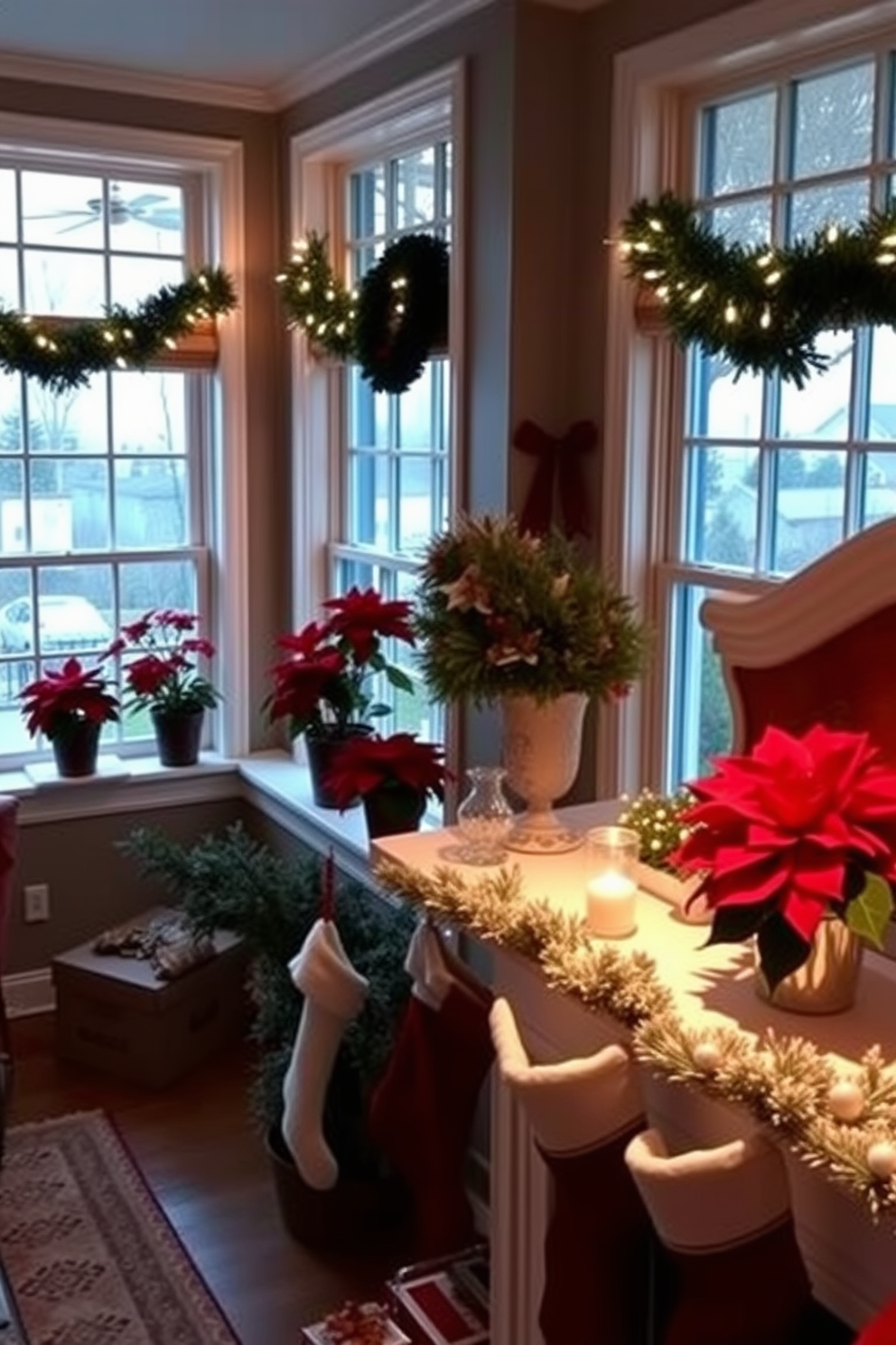 A cozy living room adorned for the holidays. Potted poinsettias are placed on the windowsills, adding a vibrant touch of red to the festive decor. Soft twinkling lights frame the windows, creating a warm and inviting atmosphere. Stockings hang from the mantel, complementing the seasonal charm of the space.