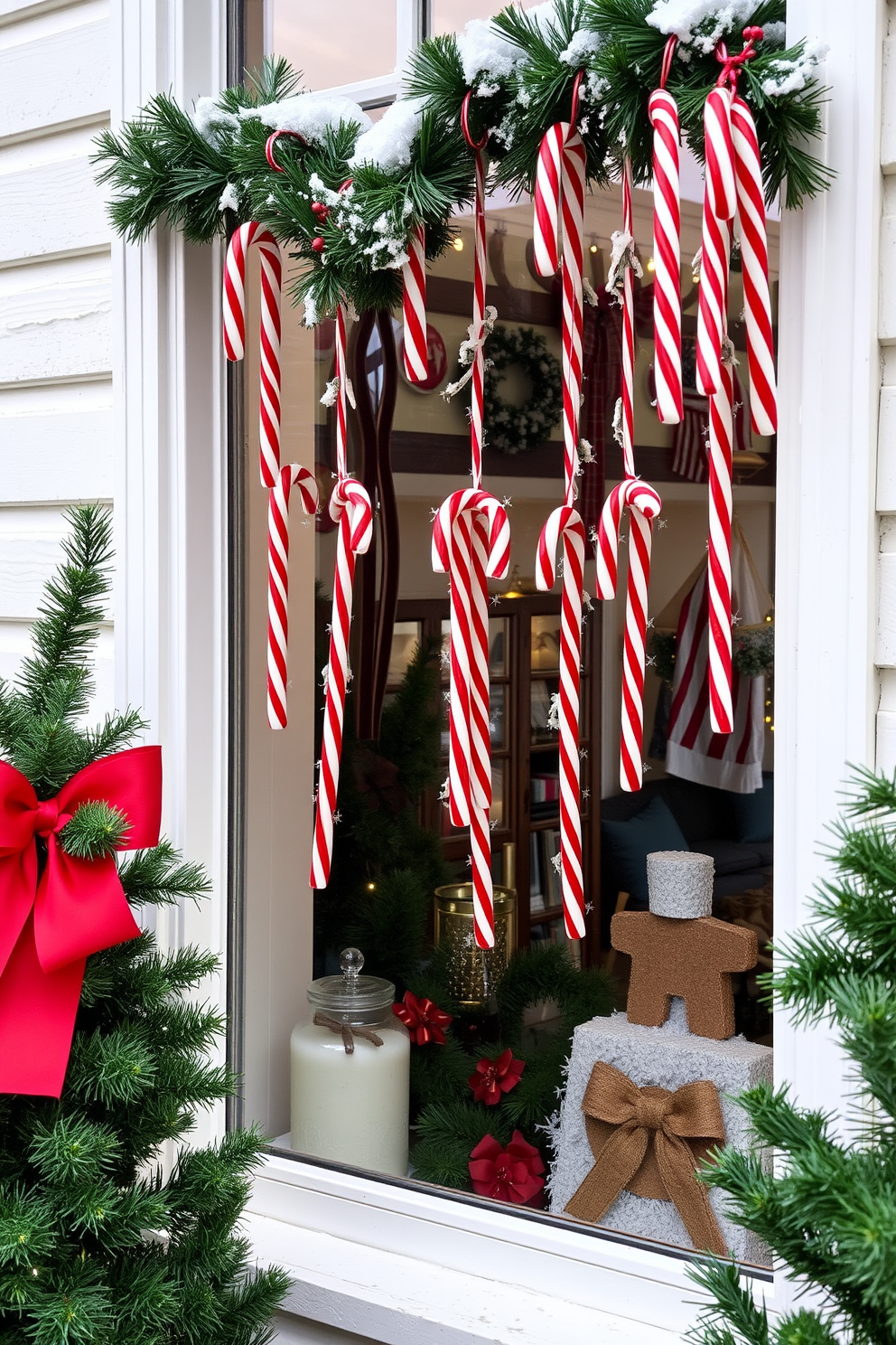 A cozy living room adorned with classic red and green plaid accents. The windows are beautifully decorated with garlands of evergreen and twinkling fairy lights, creating a festive atmosphere. Rich red throw pillows and a green plaid blanket are draped over a plush sofa. A large wreath made of pinecones and berries hangs on the window, adding a touch of holiday cheer.