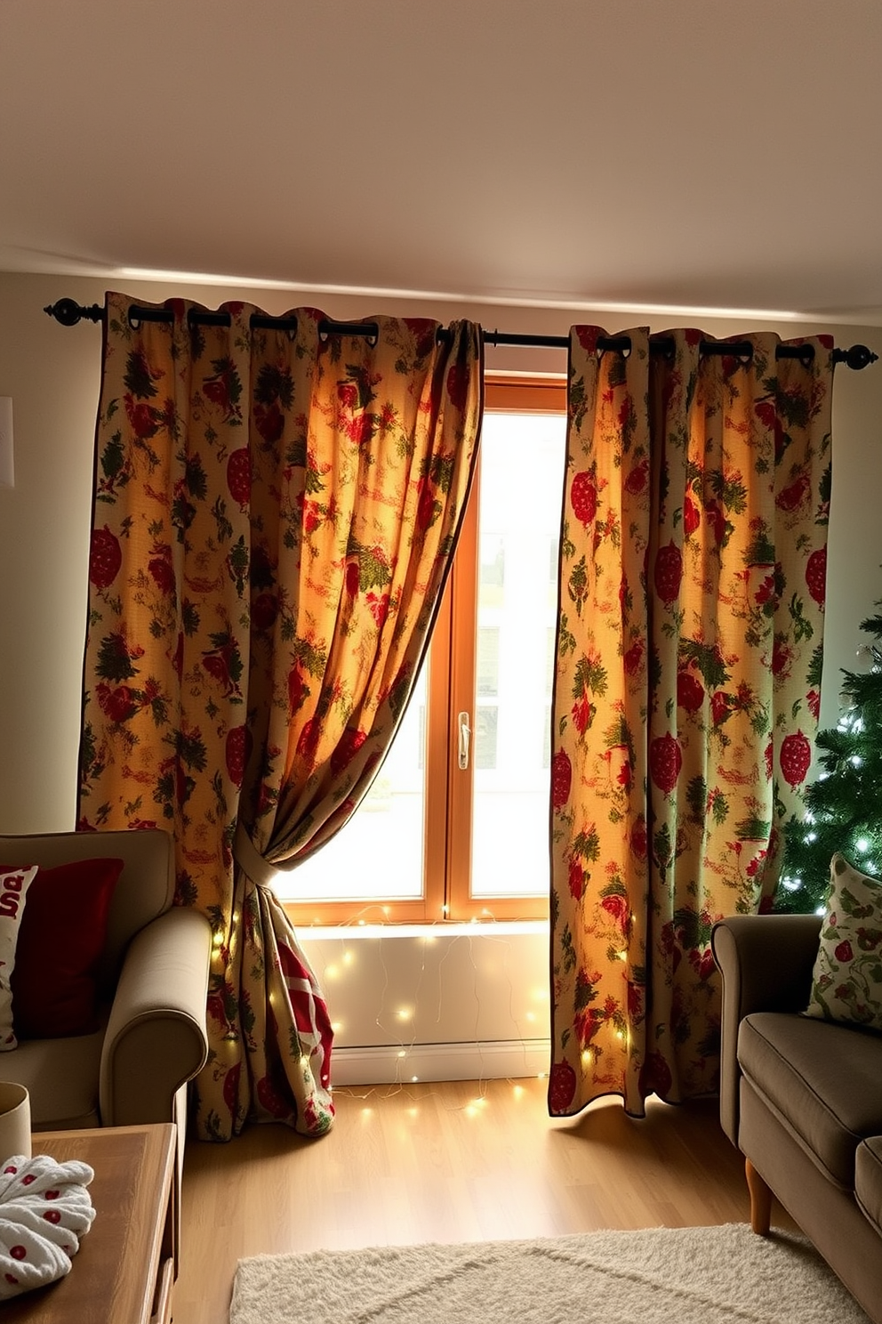 A cozy living room adorned with seasonal wreaths hung on window panes. The wreaths are made of fresh evergreens, accented with red berries and pine cones, creating a festive atmosphere. Soft, warm lighting from nearby lamps enhances the holiday spirit. Plush throw pillows in rich colors complement the wreaths, inviting guests to relax and enjoy the seasonal decor.