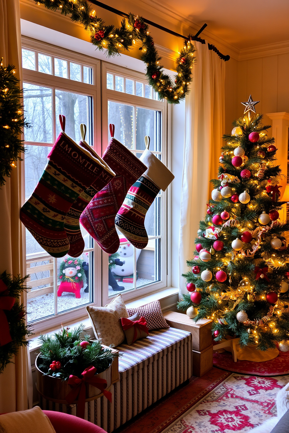 A cozy living room adorned with faux fur throws draped over a plush sofa. The warm textures invite relaxation, creating a perfect spot for winter gatherings. A beautifully decorated window showcasing festive Christmas decorations. Twinkling lights and elegant ornaments create a magical atmosphere, enhancing the holiday spirit.