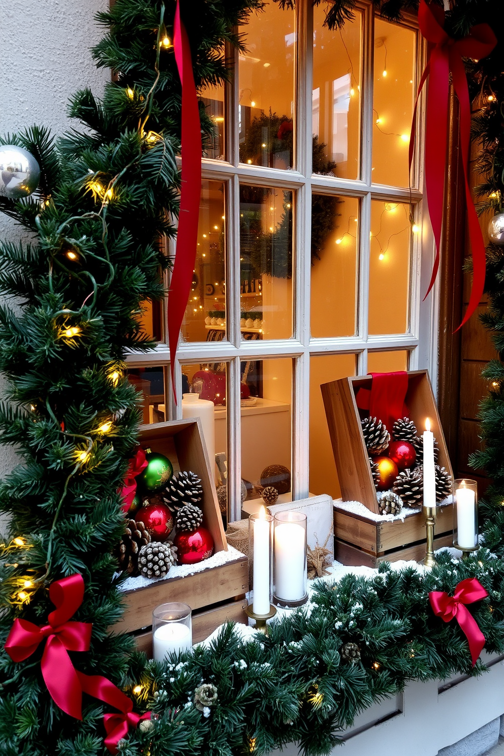 A cozy window display adorned with rustic wooden boxes filled with pinecones and colorful ornaments. The scene is enhanced by twinkling fairy lights and a light dusting of artificial snow for a festive touch. The window is framed with lush green garlands and red ribbons, creating a warm and inviting holiday atmosphere. A few candles in varying heights are placed on the sill, casting a soft glow that complements the decorations.