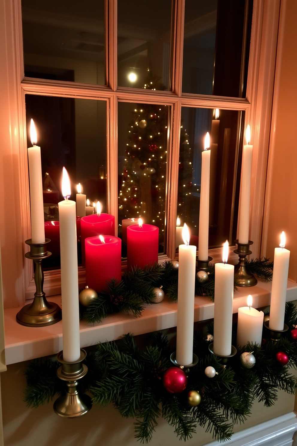 A cozy Christmas setting featuring an array of candles arranged on a windowsill. The candles vary in height and are surrounded by pine branches and small ornaments to create a festive atmosphere.