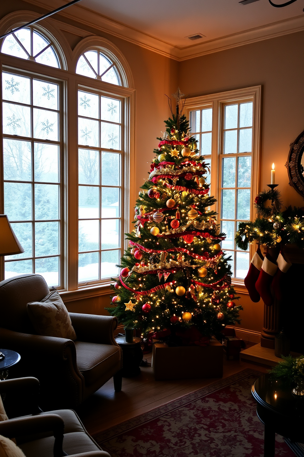 A cozy living room adorned for the holidays. The large windows are decorated with faux snow applied to the panes, creating a winter wonderland effect. The room features a beautifully decorated Christmas tree in the corner, adorned with twinkling lights and colorful ornaments. Stockings hang from the elegant mantle, adding a festive touch to the warm atmosphere.