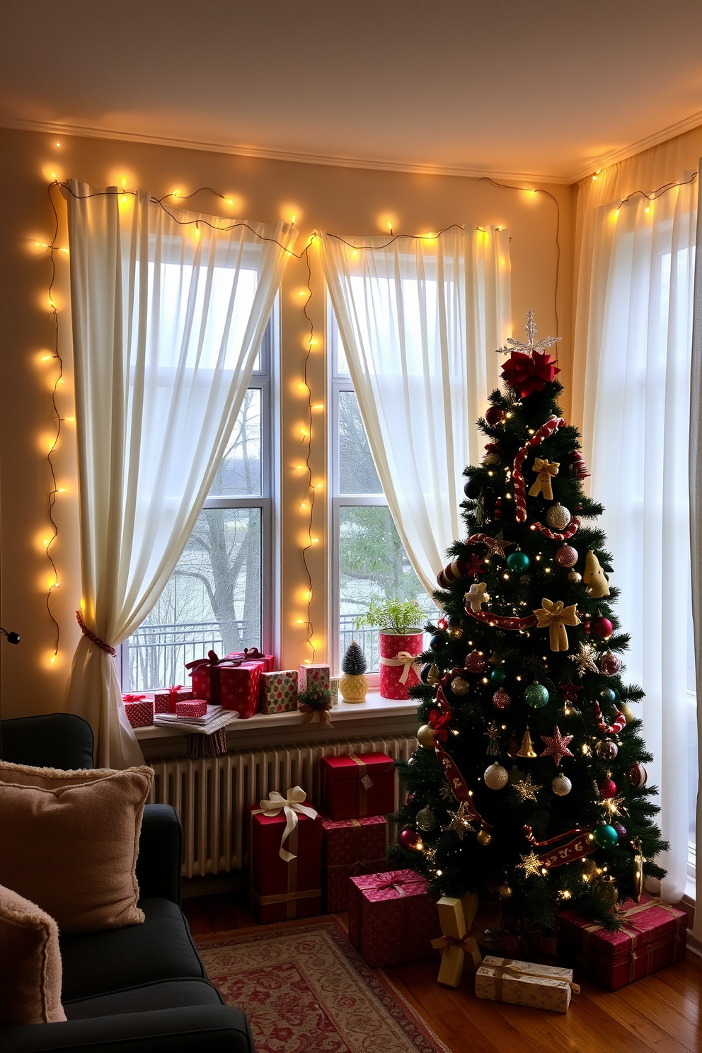 A cozy living room adorned with festive decorations. String lights are elegantly wrapped around the edges of the windows, casting a warm glow throughout the space. The windows are adorned with soft white curtains that gently billow in the breeze. A beautifully decorated Christmas tree stands nearby, surrounded by colorful gifts and twinkling ornaments.