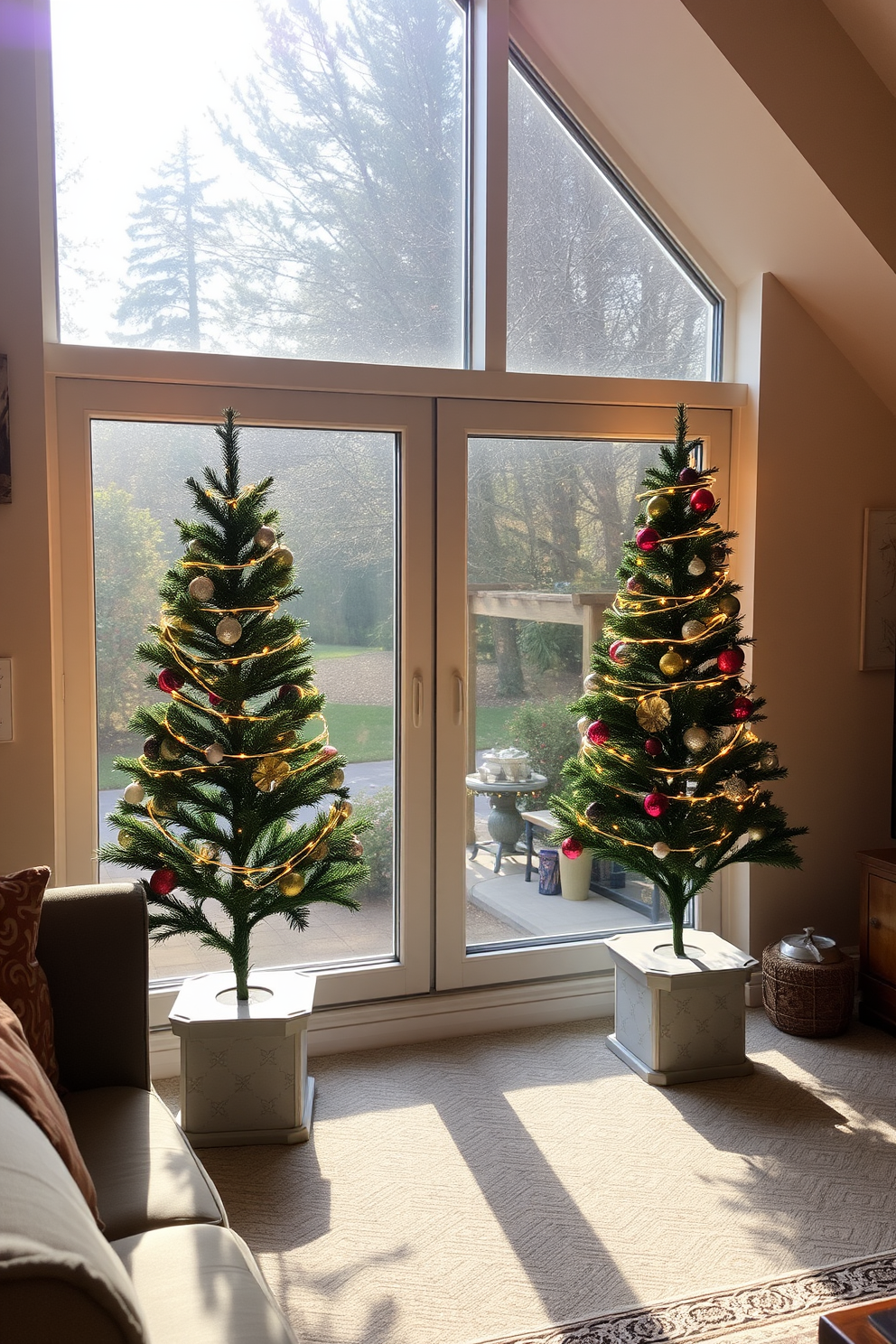 A cozy living room adorned with miniature Christmas trees on each side of a large window. The trees are decorated with twinkling fairy lights and colorful ornaments, creating a festive atmosphere that complements the soft, warm glow of the sunlight streaming through the glass.