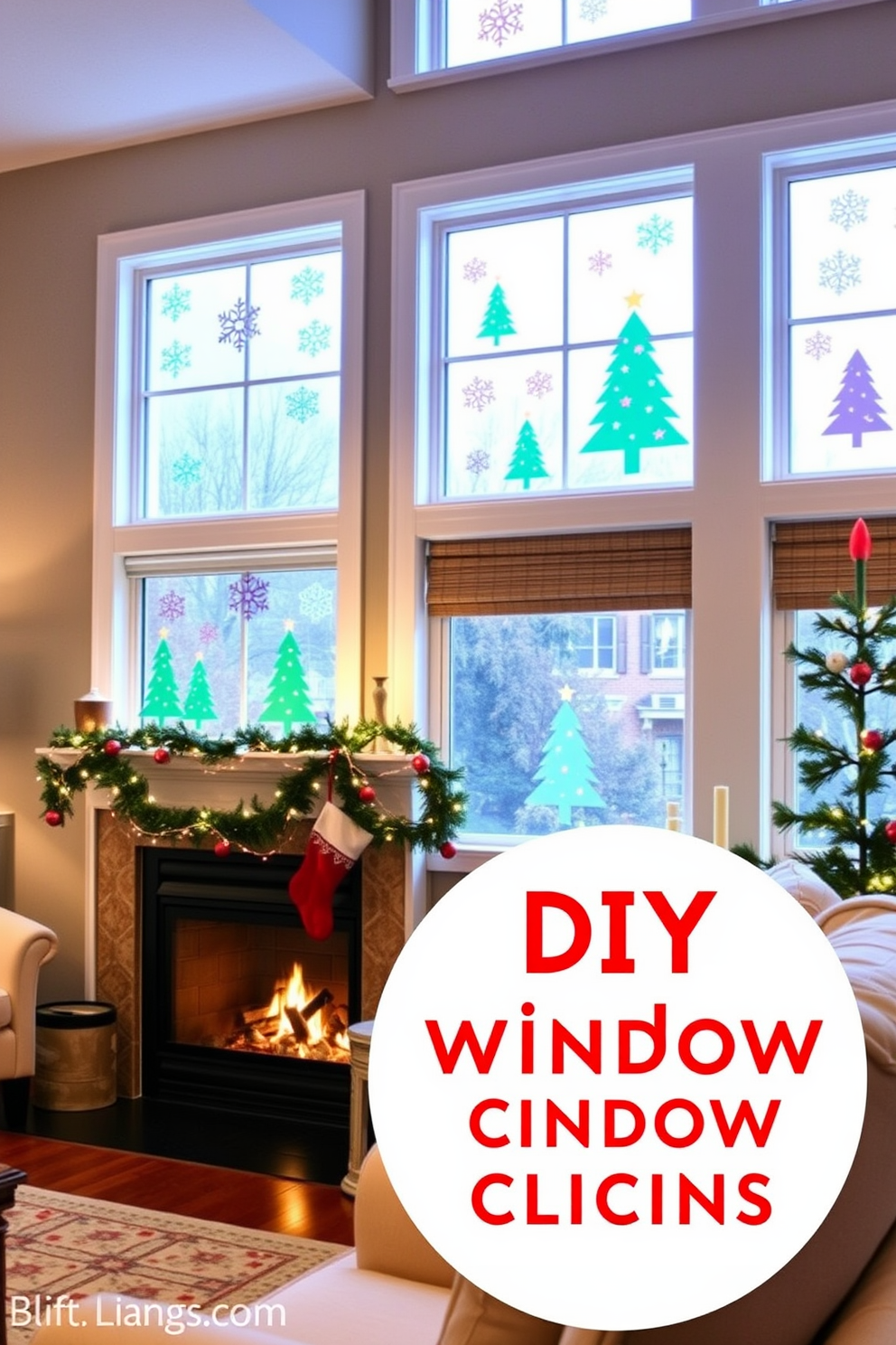 A festive living room adorned with DIY window clings featuring holiday designs. The windows are decorated with colorful clings of snowflakes and Christmas trees, creating a cheerful atmosphere. The fireplace is adorned with stockings and garlands, enhancing the holiday spirit. Soft, warm lighting illuminates the room, making it inviting for family gatherings.