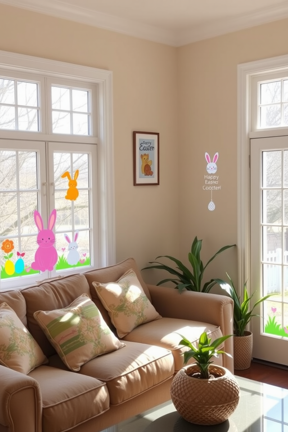 Easter egg garland draped elegantly across a bright window frame. Colorful eggs in pastel shades create a cheerful and festive atmosphere for the room.