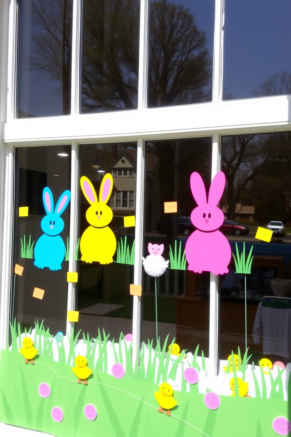 Create a whimsical Easter-themed window display featuring suction cup bunnies and chick decorations. The design should include colorful suction cup bunnies positioned playfully along the window panes, with cheerful chick decorations scattered throughout for added charm.