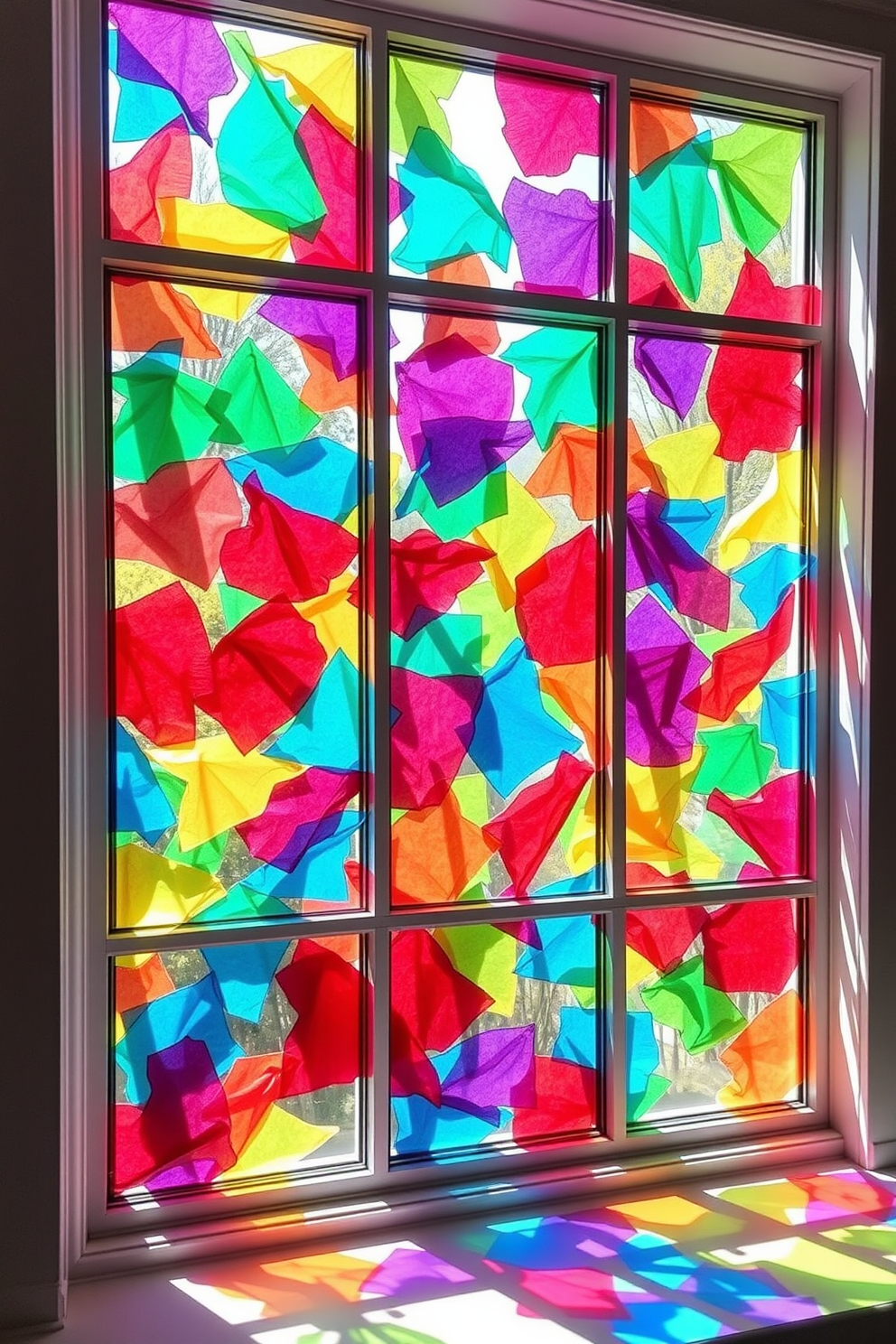 A vibrant window display featuring a DIY stained glass effect created with colorful tissue paper. The sunlight filters through the tissue paper, casting a beautiful array of colors onto the surrounding walls.