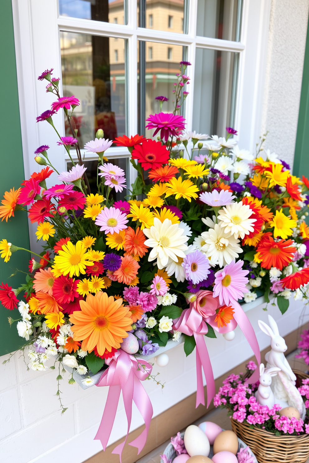 A charming display of baskets filled with faux grass is arranged on a rustic wooden table. The scene is enhanced by pastel-colored Easter eggs nestled among the greenery, creating a festive and inviting atmosphere.