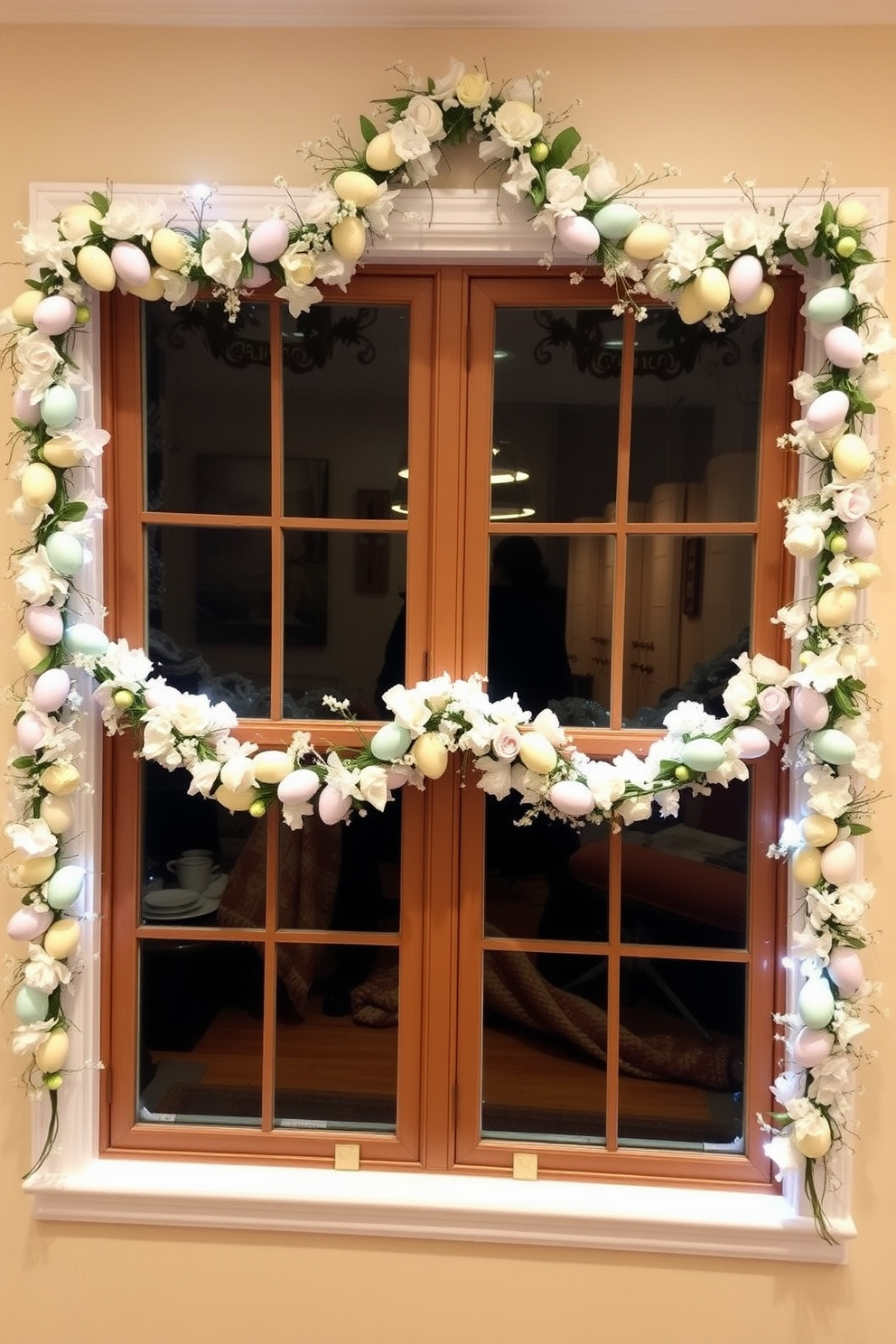 Easter themed garlands are elegantly draped across the windows creating a festive atmosphere. The garlands feature pastel colored eggs and delicate spring flowers, enhancing the cheerful ambiance of the room.