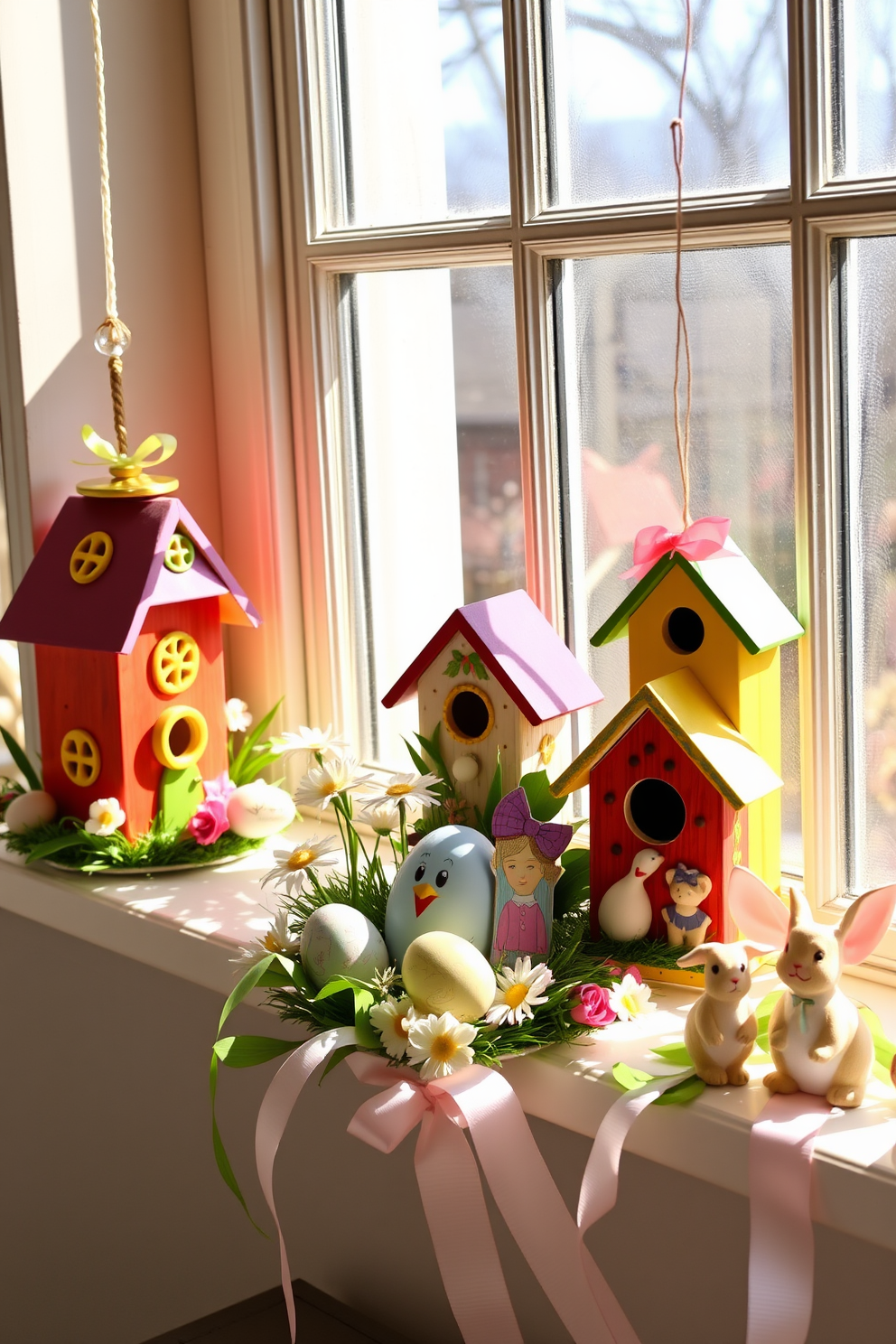 Decorative birdhouses are artfully arranged on the windowsills, each painted in vibrant colors and adorned with intricate designs. The sunlight filters through the glass, casting playful shadows and highlighting the whimsical charm of the birdhouses. Easter decorations enhance the scene with pastel-colored eggs nestled among spring flowers. Delicate ribbons and cheerful bunnies add a festive touch, transforming the windows into a celebration of the season.