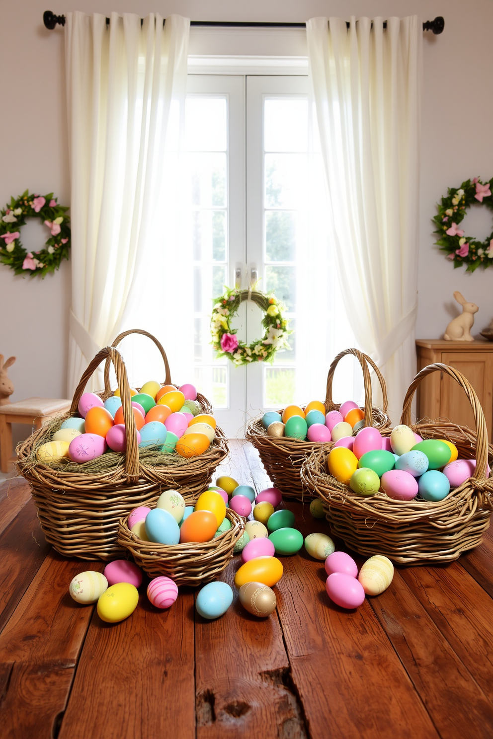 Easter baskets filled with colorful eggs arranged on a rustic wooden table. Each basket is woven with natural fibers and overflowing with vibrant, hand-painted eggs in various pastel colors. A large window adorned with sheer white curtains allows soft sunlight to filter in. Decorative elements like floral wreaths and bunny figurines enhance the cheerful Easter theme.