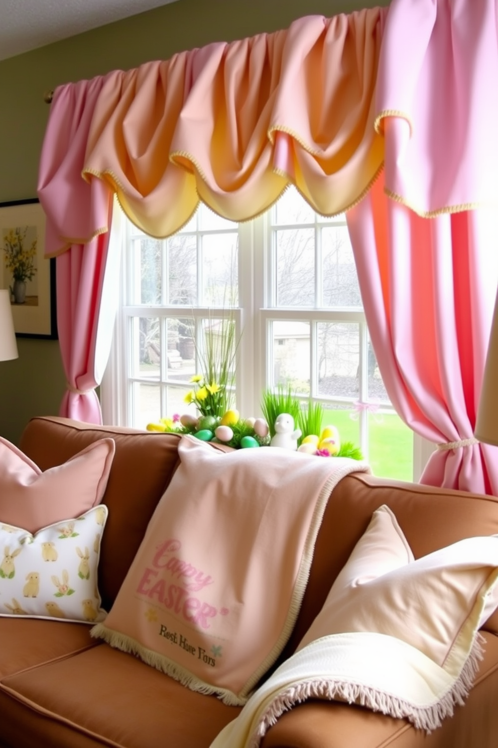 Create a cozy living room adorned with seasonal fabric swags in pastel colors for a festive look. The swags drape elegantly over the windows, complemented by soft cushions and a cheerful spring-themed throw blanket on the sofa. Design a charming window display featuring Easter decorations that include colorful eggs, bunny figurines, and fresh flowers. The scene should evoke a sense of joy and celebration, enhancing the overall ambiance of the room.