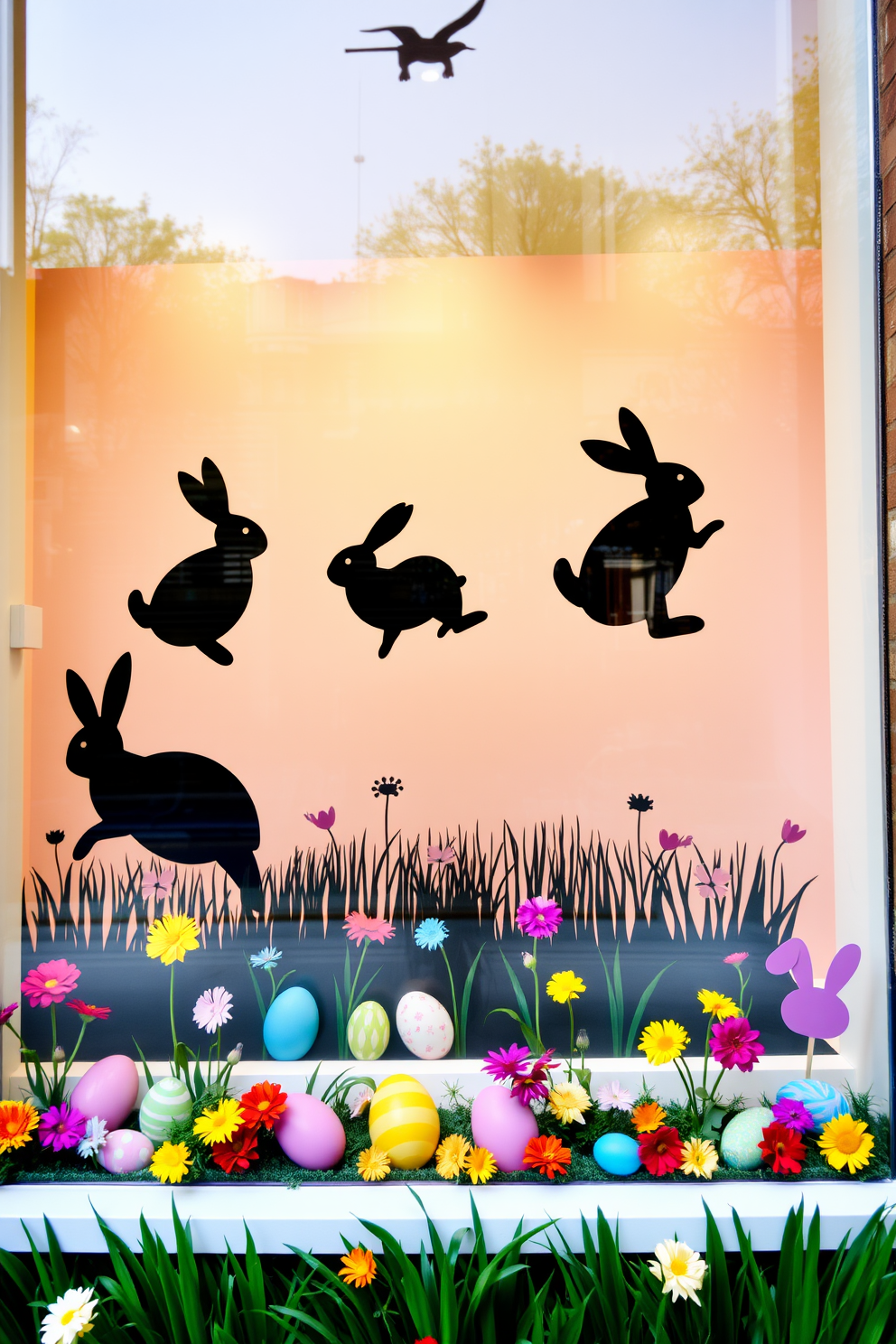 A charming Easter-themed window display featuring silhouettes of hopping rabbits against a pastel backdrop. The scene is adorned with colorful Easter eggs and spring flowers, creating a festive atmosphere. Creative decorating ideas for Easter that incorporate playful elements like bunny motifs and vibrant colors. The design emphasizes a joyful and whimsical feel, perfect for celebrating the holiday.