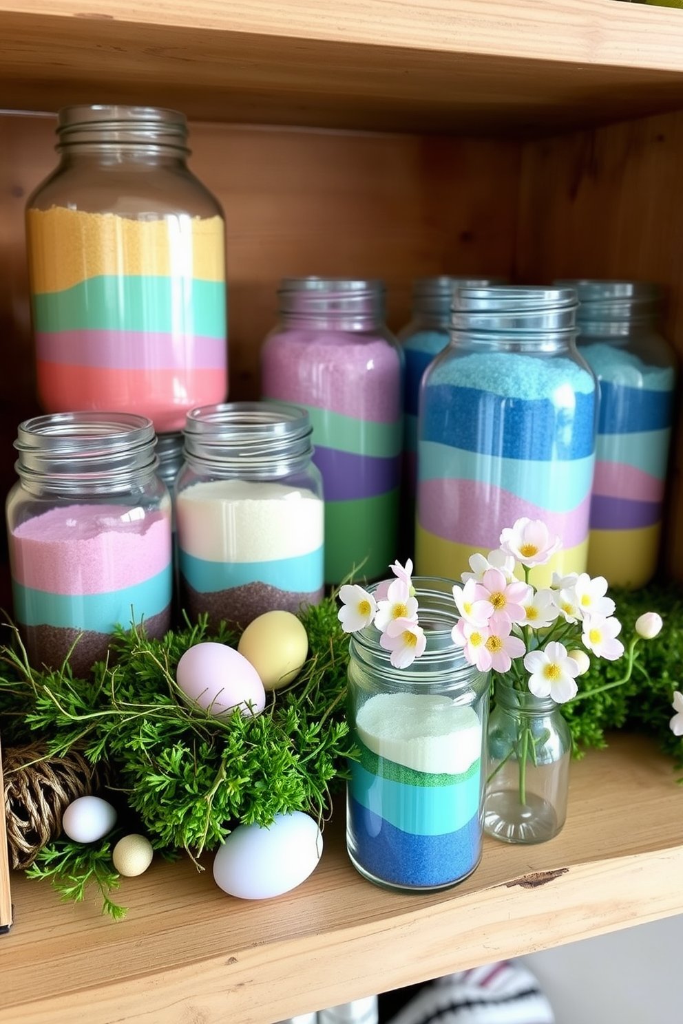 A collection of glass jars filled with layers of colorful sand in various shades creates a vibrant display. The jars are arranged on a rustic wooden shelf adorned with small spring-themed decorations. For Easter, the decor features pastel-colored eggs nestled in a bed of green moss. Delicate spring flowers in soft hues are placed in small vases, adding a fresh touch to the festive atmosphere.