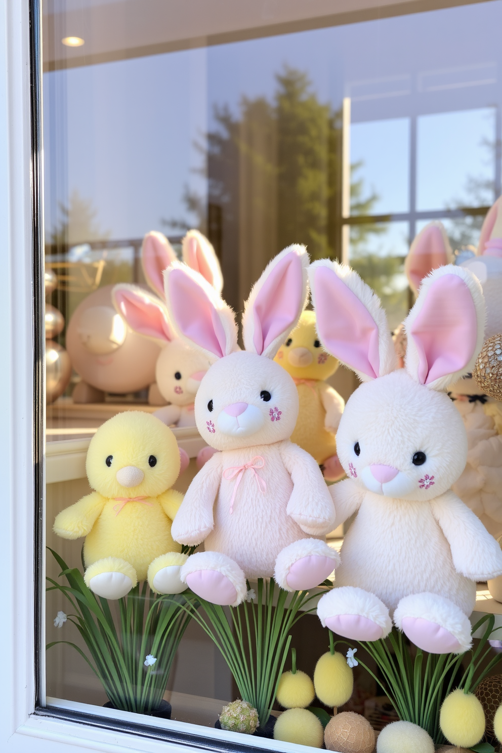 A charming window display adorned with bunny and chick plush toys. The soft pastel colors of the toys contrast beautifully with the natural light streaming through the glass.