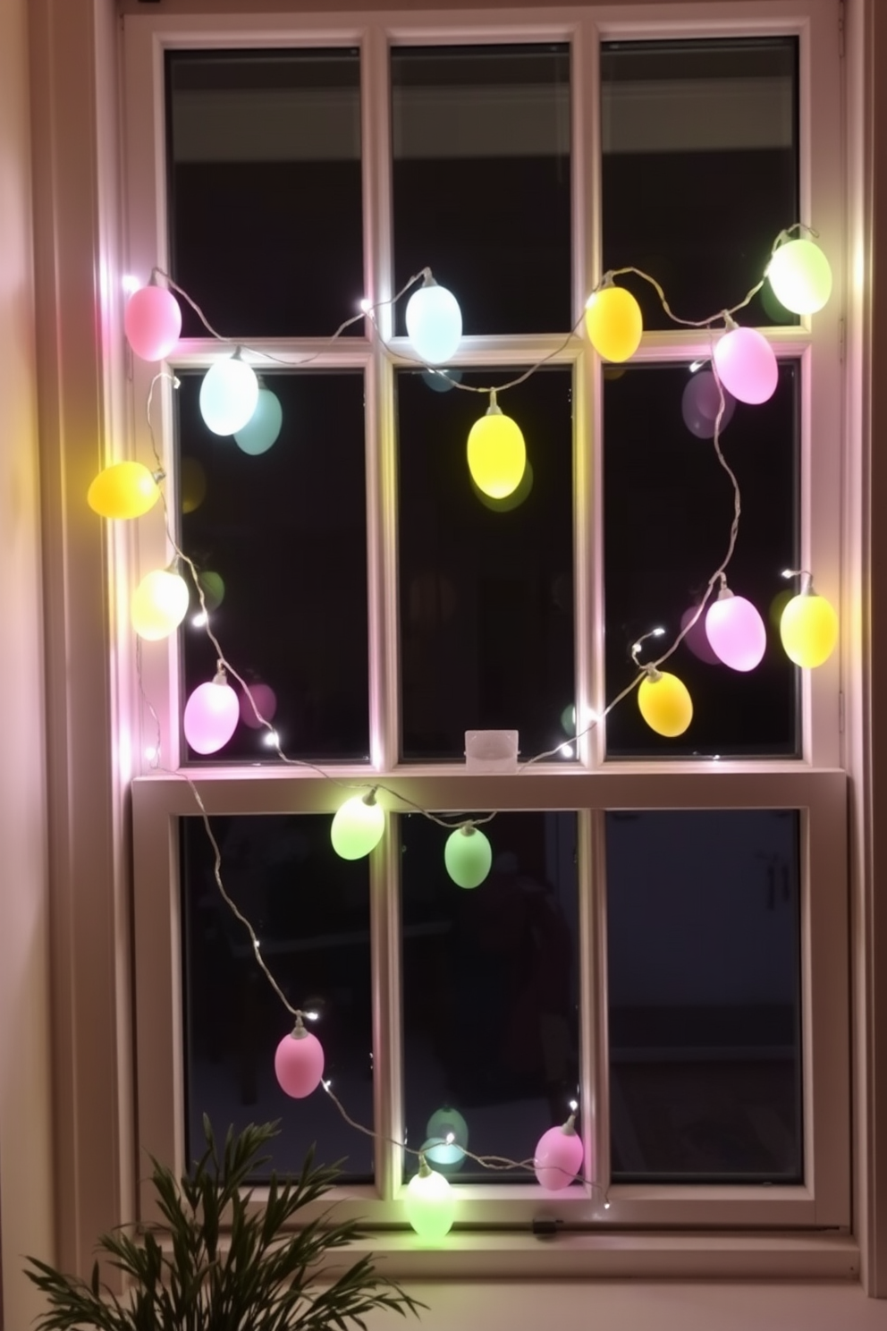 A charming display of lighted Easter egg string lights is elegantly draped across the window frame. The colorful eggs in pastel shades create a festive ambiance, enhancing the cheerful atmosphere of the room.