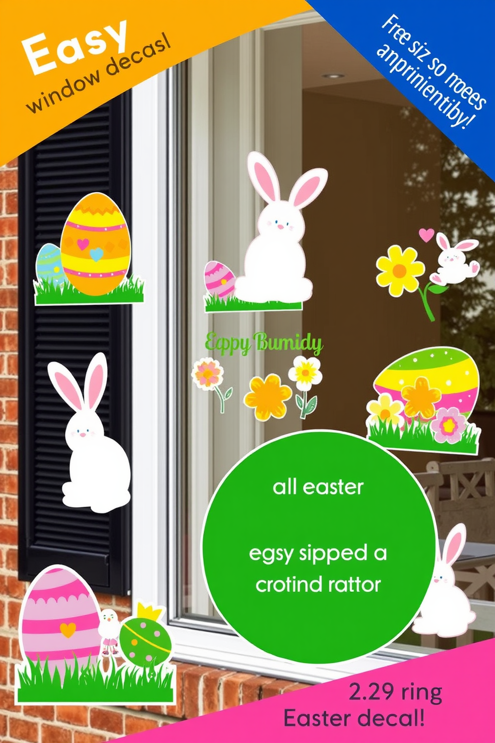 Easter themed window decals featuring colorful eggs and cheerful bunnies designed for easy application. The decals include various sizes and shapes to create a festive and inviting atmosphere for your home during the Easter season.