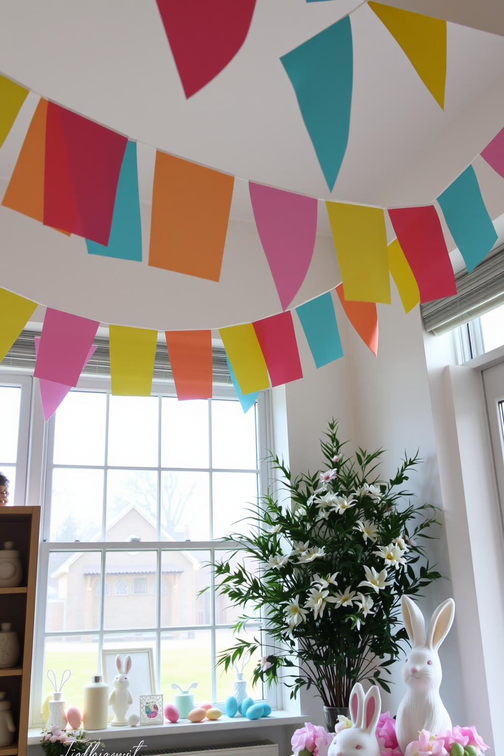 Brightly colored bunting hangs cheerfully from the windows, creating a festive atmosphere in the room. The vibrant colors of the bunting complement the soft pastel hues of the Easter decorations scattered throughout the space.