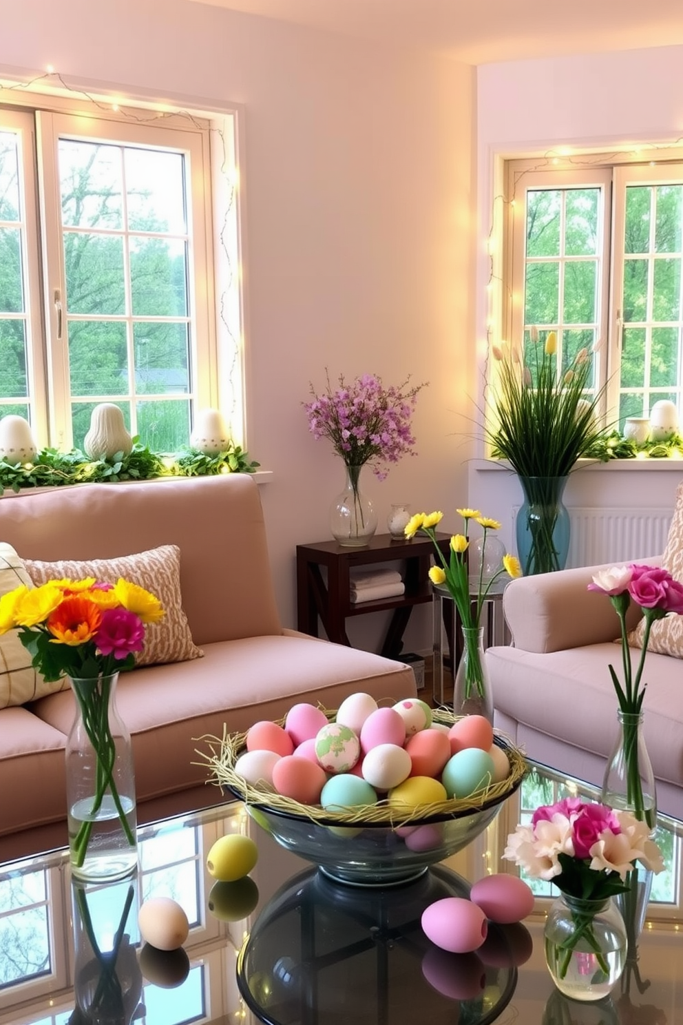 A cozy living room adorned with decorative twinkle lights wrapped around the frames of large windows. The lights cast a warm glow, enhancing the festive atmosphere of the Easter decorations displayed on the windowsills. Colorful Easter eggs in pastel hues are arranged in a decorative bowl on the coffee table. Fresh spring flowers in vibrant shades are placed in vases, adding a cheerful touch to the overall decor.