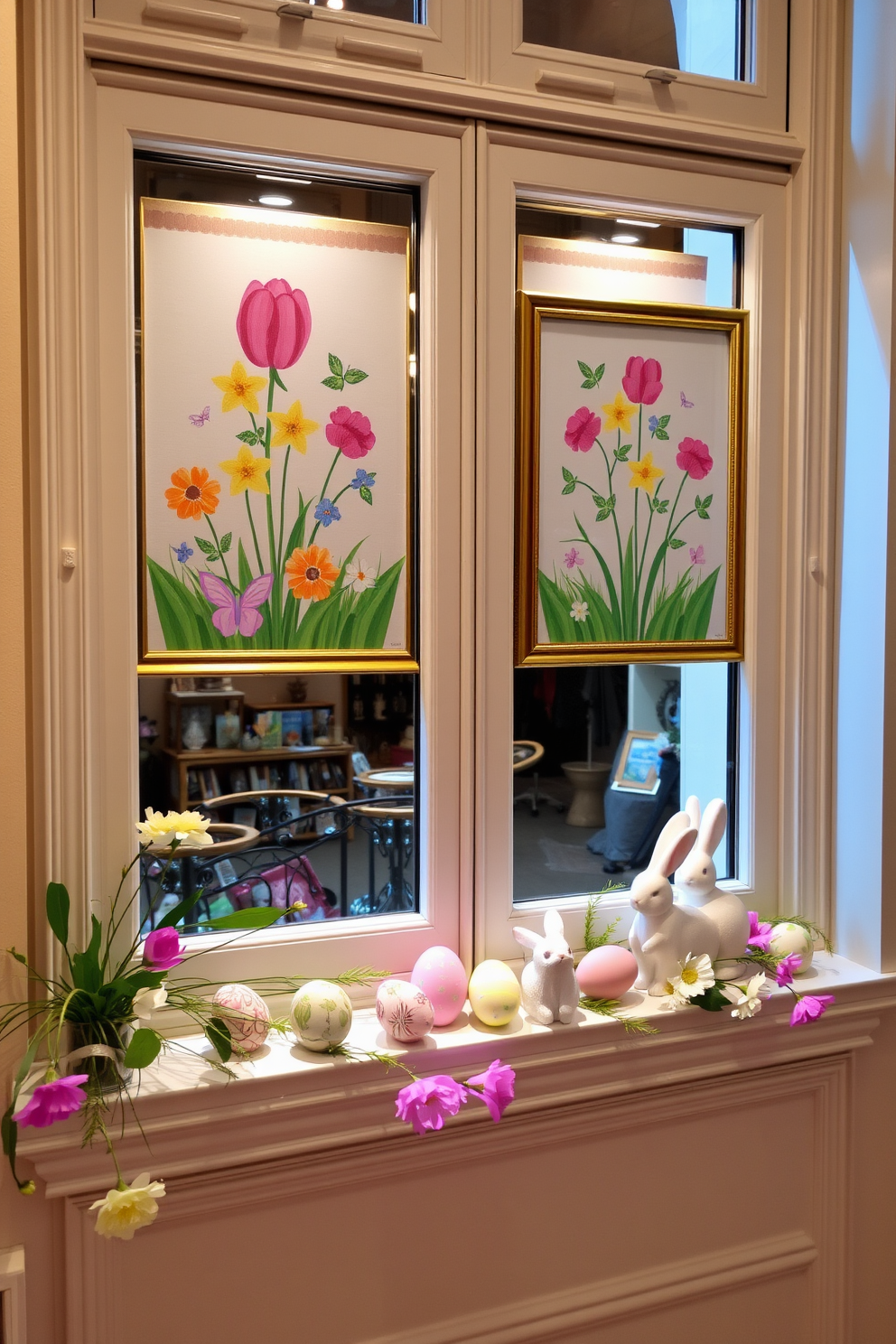 Springtime artwork displayed in elegant window frames enhances the cheerful ambiance of the room. Vibrant colors and floral patterns create a fresh and inviting atmosphere, perfect for the Easter season. Delicate Easter decorations adorn the windowsill, featuring pastel-colored eggs and whimsical bunnies. Soft greenery and blooming flowers complement the artwork, bringing the spirit of spring indoors.