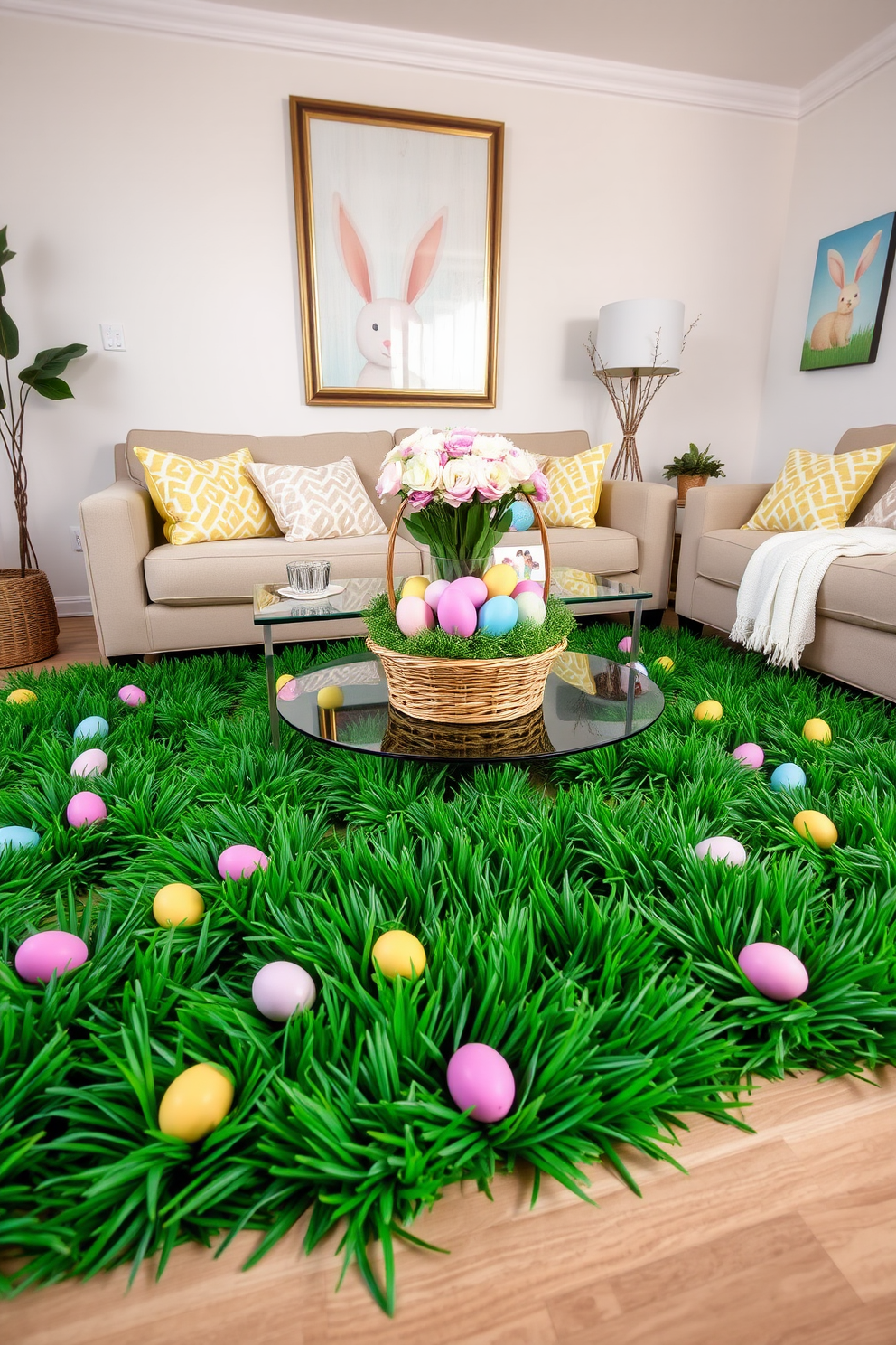 A vibrant Easter-themed living room adorned with faux grass mats scattered across the floor, creating a playful atmosphere. Hidden within the lush greenery are colorful Easter eggs, adding a festive touch to the decor. On a stylish coffee table, a centerpiece features a decorative basket filled with pastel-colored eggs and spring flowers. The walls are adorned with cheerful Easter-themed artwork, enhancing the joyful ambiance of the space.