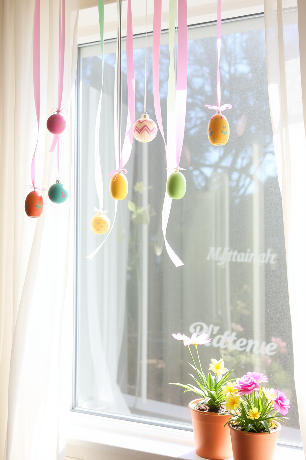 A whimsical Easter-themed window display features lighted branches adorned with delicate hanging eggs in pastel colors. The branches are elegantly arranged to create a festive atmosphere, bringing a touch of spring cheer to the interior space.