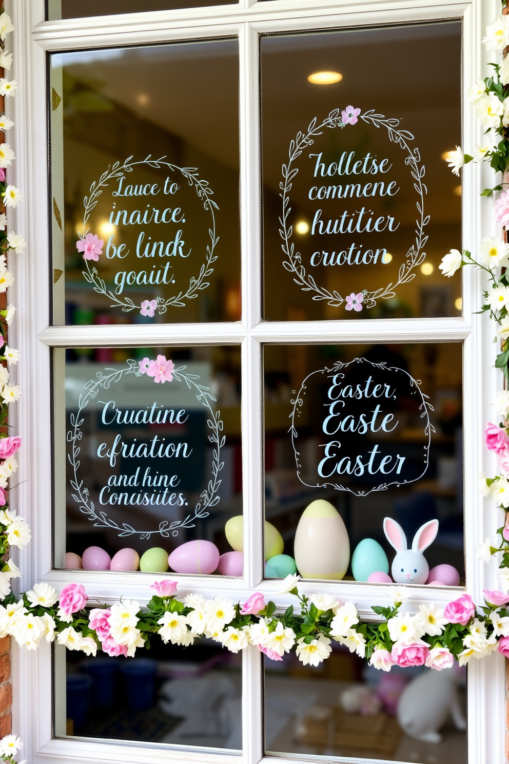 Seasonal quotes elegantly displayed on window chalkboards create a warm and inviting atmosphere. Each chalkboard features a unique quote that captures the essence of the season, surrounded by delicate floral accents. For Easter, the window decorations include pastel-colored eggs and whimsical bunnies. Soft garlands of spring flowers frame the windows, enhancing the festive spirit and bringing a cheerful touch to the interior.