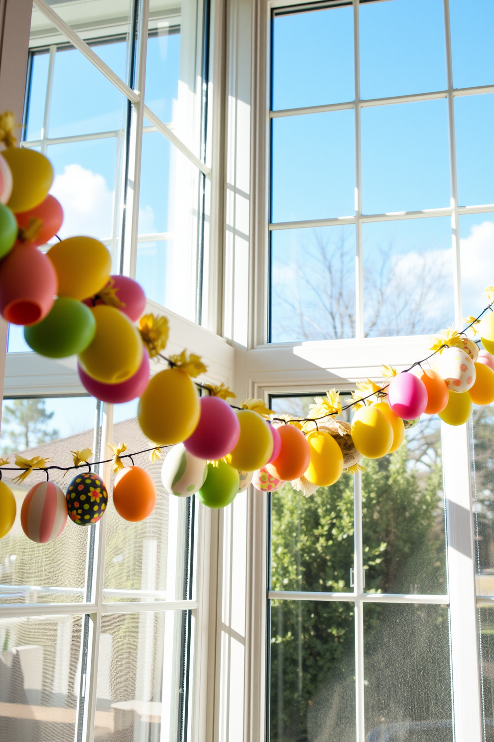 Miniature Easter baskets filled with colorful treats are arranged on a rustic wooden table. Each basket features pastel-colored eggs, chocolate bunnies, and vibrant spring flowers for a cheerful touch. For window Easter decorating ideas, delicate garlands of spring flowers and Easter-themed ornaments are draped across the window. Soft light filters through sheer curtains, enhancing the festive atmosphere inside the room.