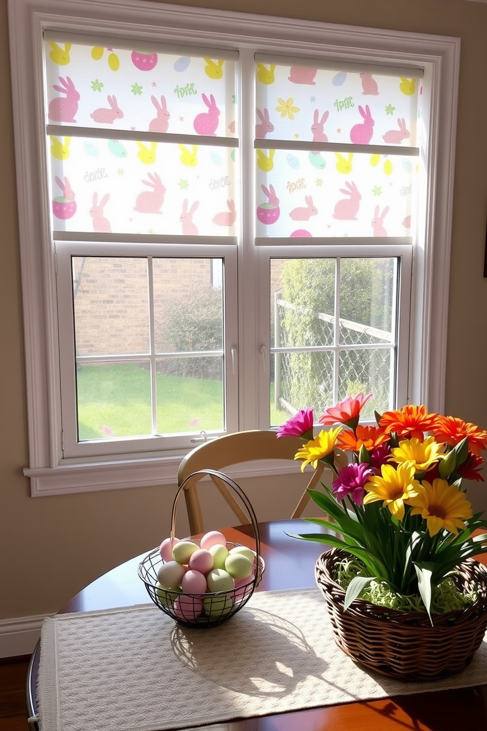 A bright and cheerful room featuring window film adorned with colorful Easter patterns that provide privacy while allowing soft light to filter through. The film showcases playful designs such as bunnies, eggs, and spring flowers, adding a festive touch to the space. In the same room, a beautifully set table is decorated with Easter-themed centerpieces, including pastel-colored eggs nestled in a decorative basket. Fresh flowers in vibrant hues are arranged in a vase, complementing the joyful atmosphere of the Easter celebration.