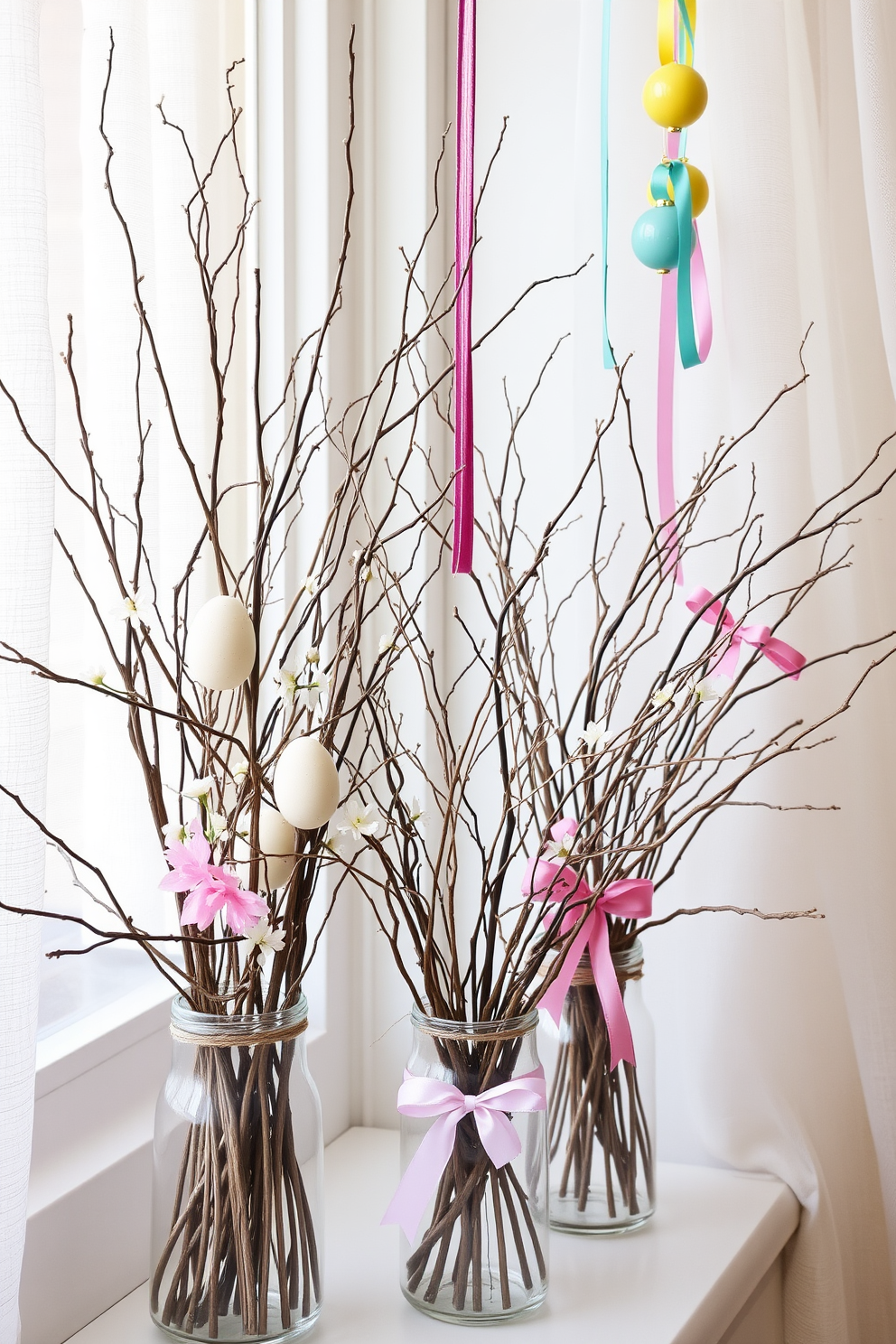 Natural twig arrangements with Easter accents create a whimsical and organic feel in your space. Incorporate pastel-colored eggs and delicate flowers among the twigs for a cheerful touch. For window Easter decorating ideas, drape sheer curtains to allow soft light in while showcasing the twig arrangements. Add hanging ornaments and colorful ribbons to enhance the festive atmosphere.