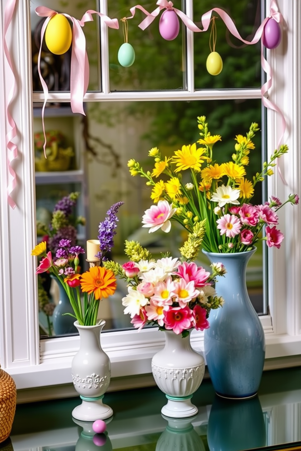 A cozy living room decorated for Easter with hanging pastel paper lanterns above the window. The soft colors of the lanterns complement the light, airy atmosphere created by sheer white curtains.