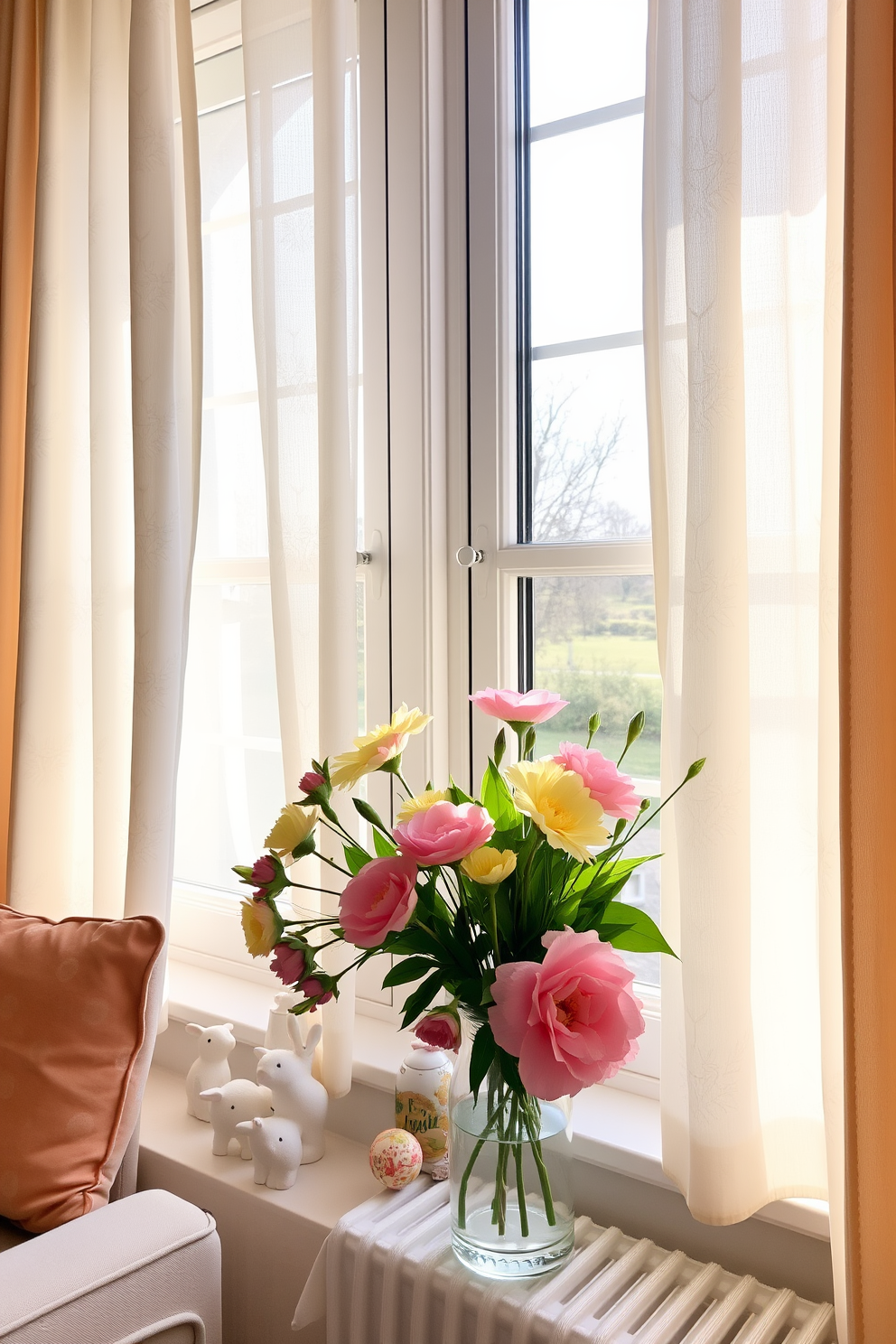 A charming window sill adorned with an assortment of decorative bunnies in various sizes and colors. Fresh spring flowers and pastel Easter eggs are artfully arranged among the bunnies to create a festive and inviting atmosphere.