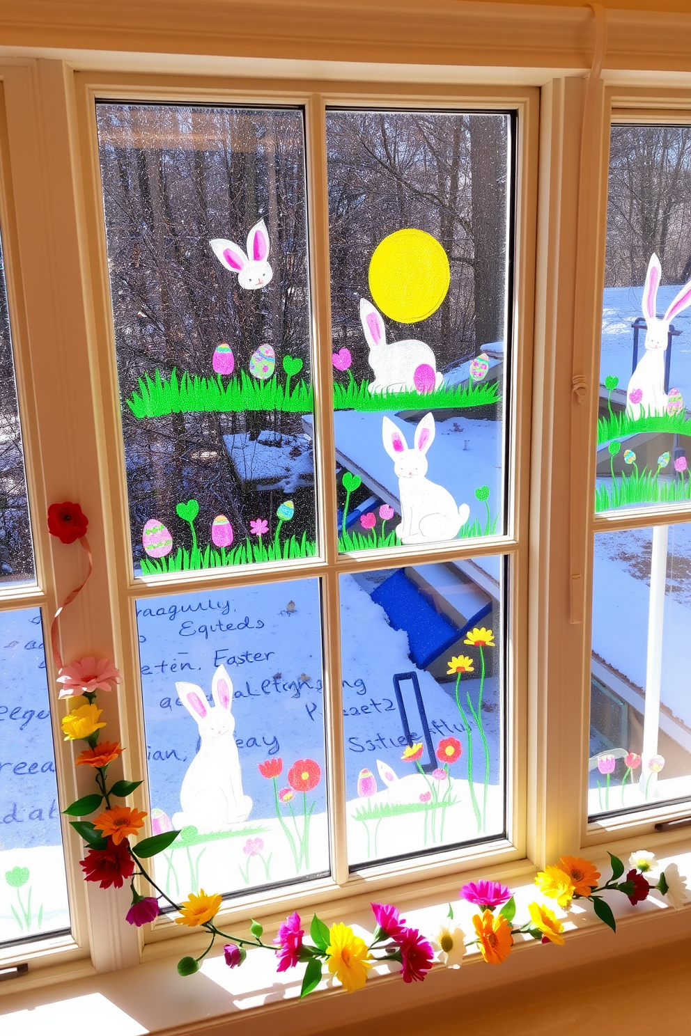 A brightly colored Easter wreath hangs gracefully on the window, adorned with vibrant flowers and cheerful pastel accents. Sunlight streams through the glass, illuminating the wreath and enhancing the festive atmosphere of the room. The window is decorated with additional Easter elements, such as playful bunnies and colorful eggs arranged on the sill. This delightful display creates a welcoming and joyful ambiance, perfect for celebrating the season.