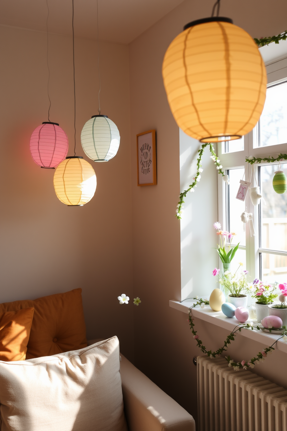 A cozy living space adorned with hanging paper lanterns shaped like eggs creates a festive atmosphere. The soft glow of the lanterns casts playful shadows on the walls, enhancing the cheerful decor. A beautifully set window features pastel-colored decorations and seasonal flowers, bringing the spirit of Easter indoors. Delicate garlands and colorful eggs accentuate the window, inviting a sense of warmth and celebration.