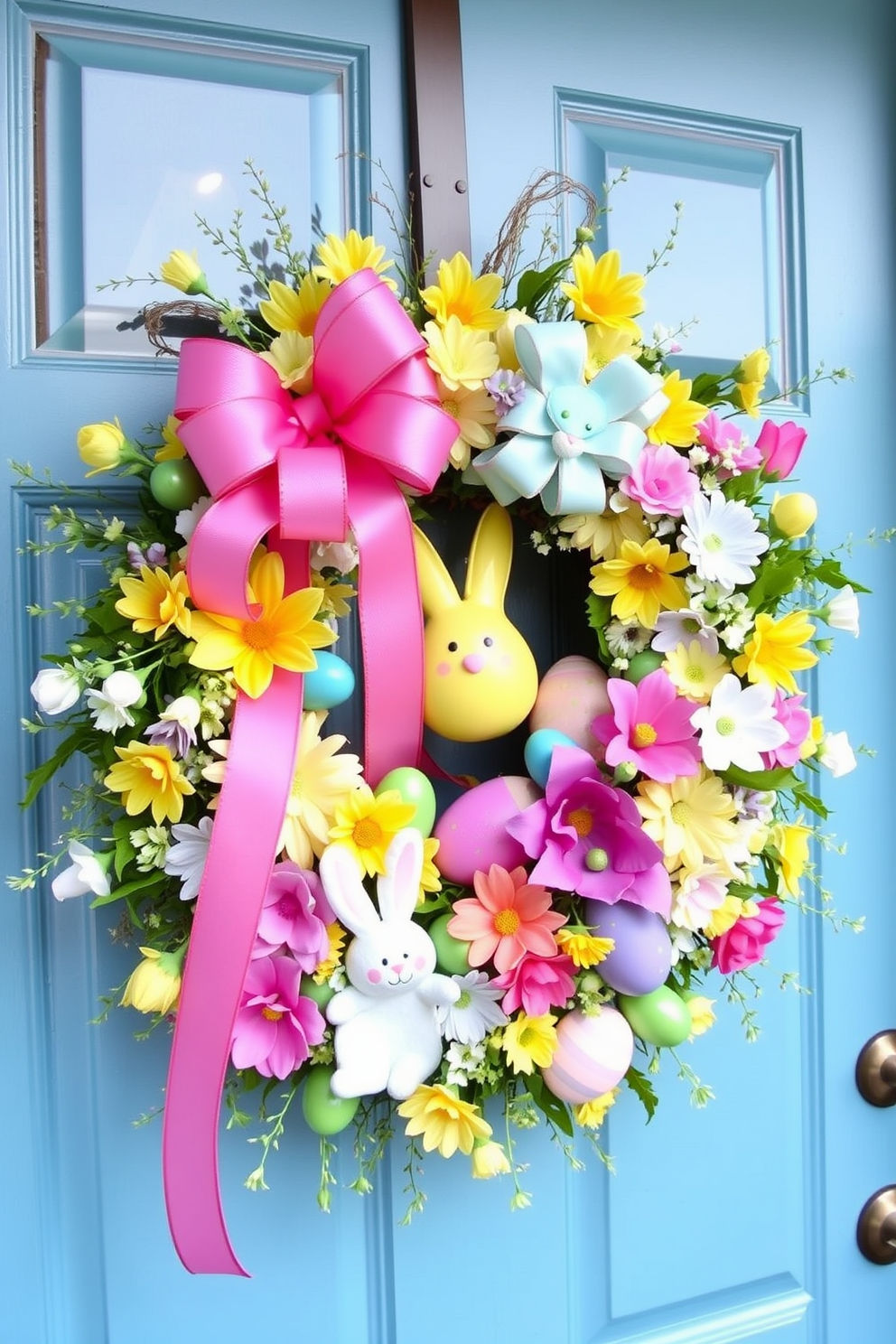 A charming Easter display features vintage glass jars filled with colorful eggs. The jars are arranged on a rustic wooden table, surrounded by fresh spring flowers and soft pastel decorations.