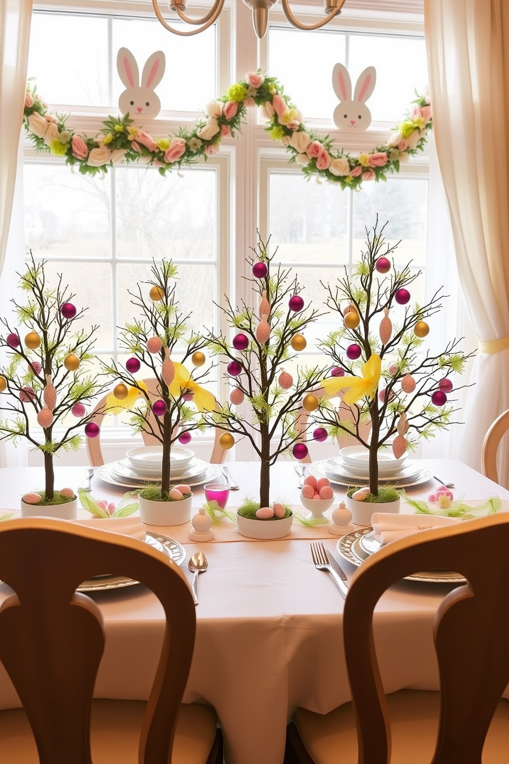 A bright and cheerful living room adorned with sheer curtains featuring delightful Easter-themed prints. The curtains gently filter sunlight, creating a warm and inviting atmosphere perfect for spring celebrations.