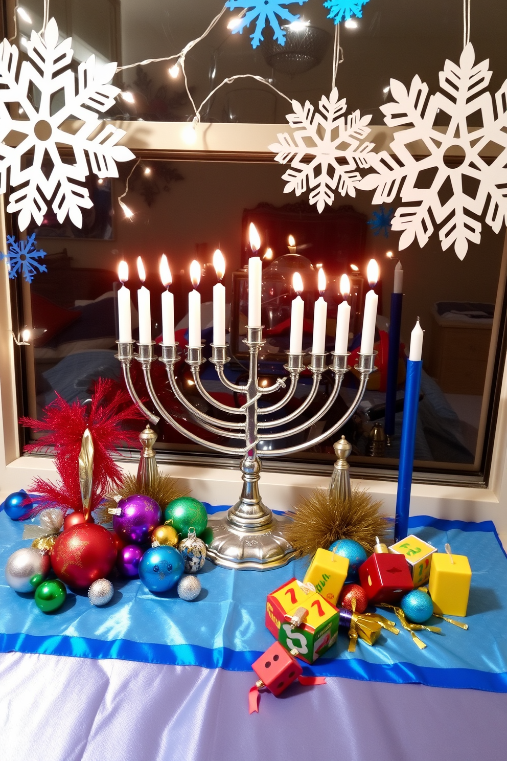 A vibrant menorah display is arranged on a festive table adorned with a blue and silver tablecloth. Surrounding the menorah are colorful ornaments and candles that reflect the spirit of Hanukkah, creating a warm and inviting atmosphere. The window is decorated with string lights and paper snowflakes, enhancing the festive feel of the season. A collection of dreidels and gelt is artfully placed on the windowsill, adding to the cheerful Hanukkah decor.